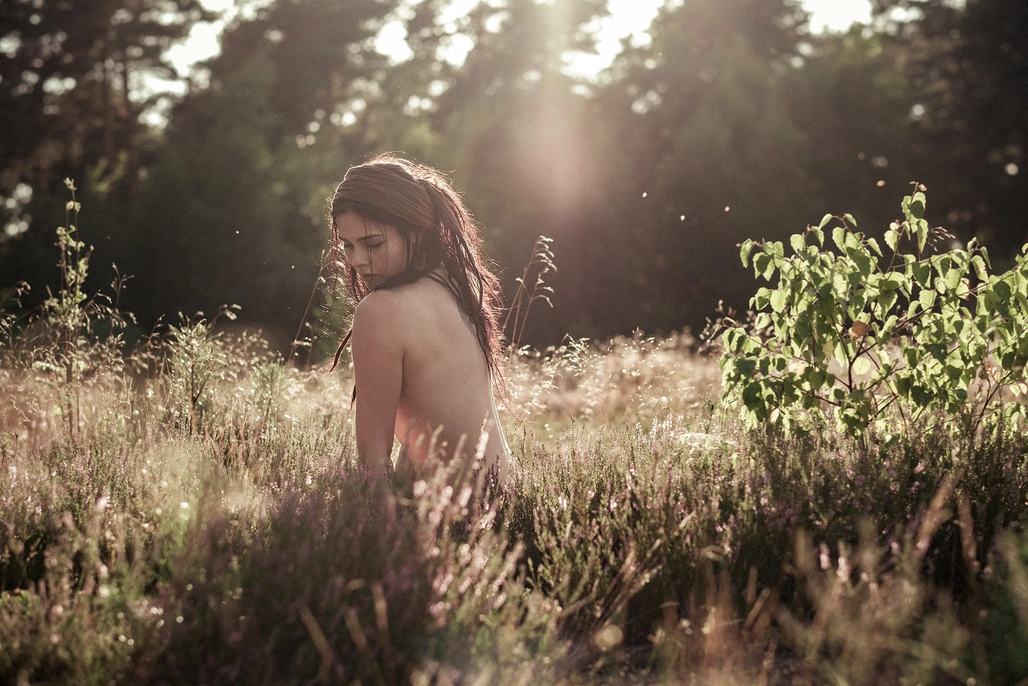 Eine Frau sitzt nackt in einem sonnenbeschienenen Feld, umgeben von hohen Gräsern und Pflanzen. Der Hintergrund zeigt Bäume und natürliche Vegetation unter hellem Tageslicht.