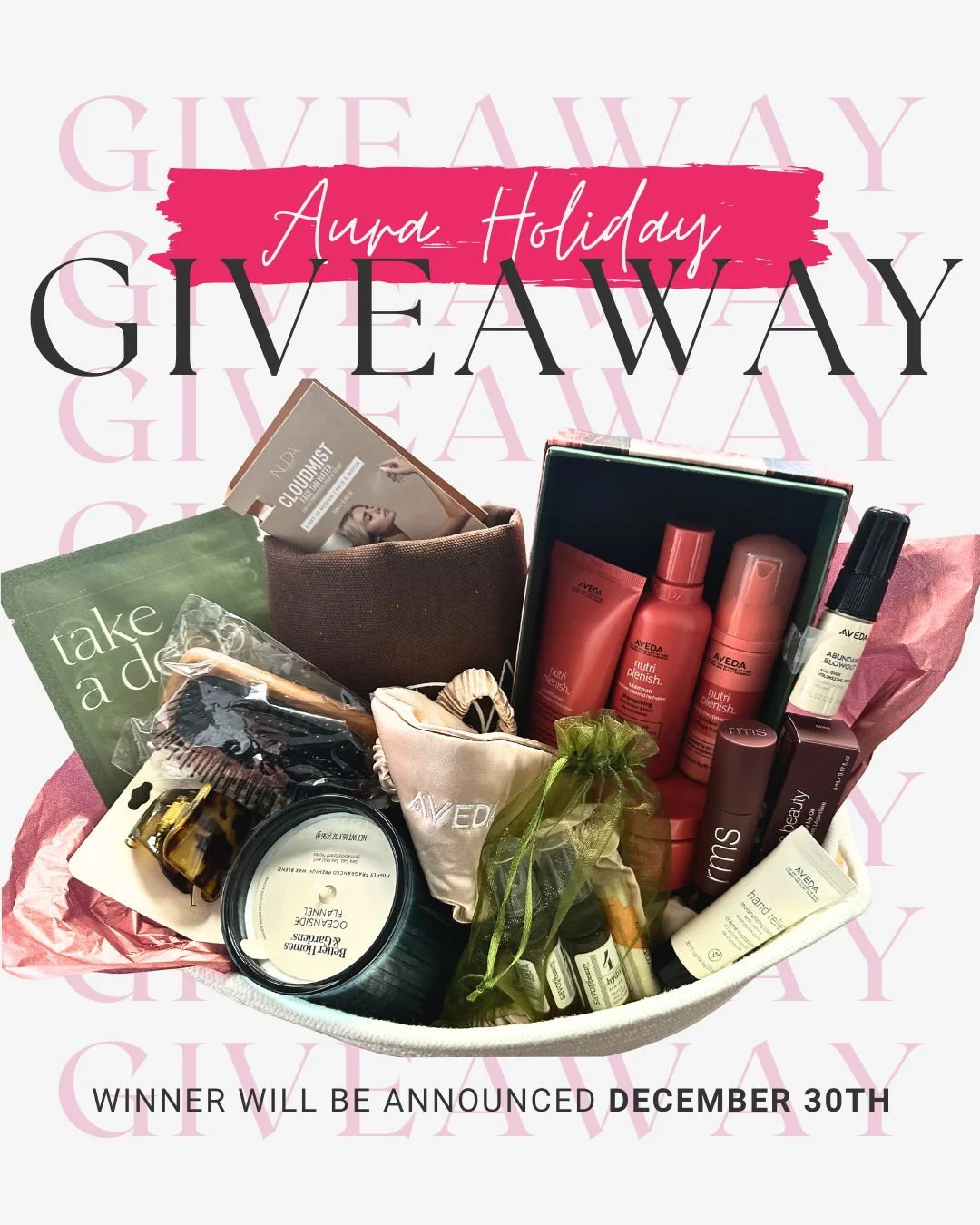 We&rsquo;re celebrating the season with a luxurious gift basket from Aura Salon &amp; Style Bar (@aurasalonandstylebar) and Glam by Daniela (@glam_by_daniela)! One lucky winner will receive:

✨ Gift Certificate for an Aura Facial
✨ Aveda Deep Conditi