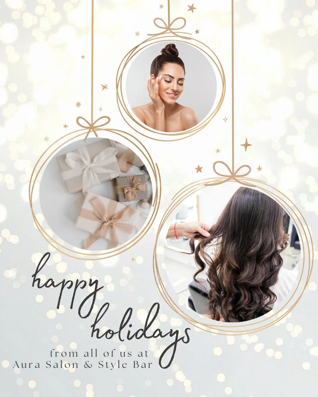 Happy Holidays from Aura Salon! 
Wishing you a season filled with joy, relaxation, and a little self-care magic. Thank you for being part of our community&mdash;we can&rsquo;t wait to welcome you back in the New Year for more glowing hair, radiant sk