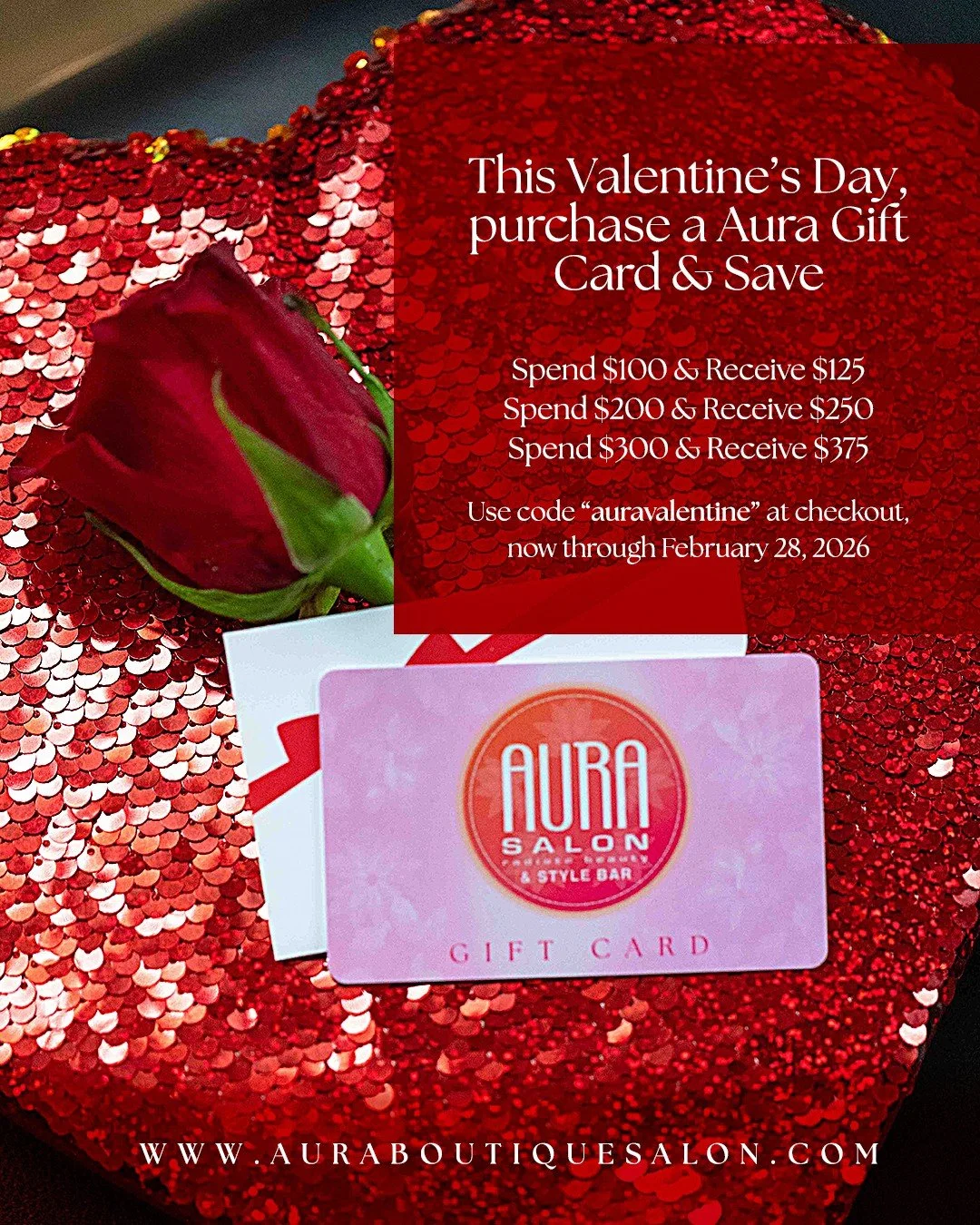 A little extra love in every Aura gift card 💖 
For a limited time, enjoy a little extra love with every
Aura gift card purchase:

&bull; Spend $100 &rarr; Receive $125
&bull; Spend $200 &rarr; Receive $250
&bull; Spend $300 &rarr; Receive $375

That