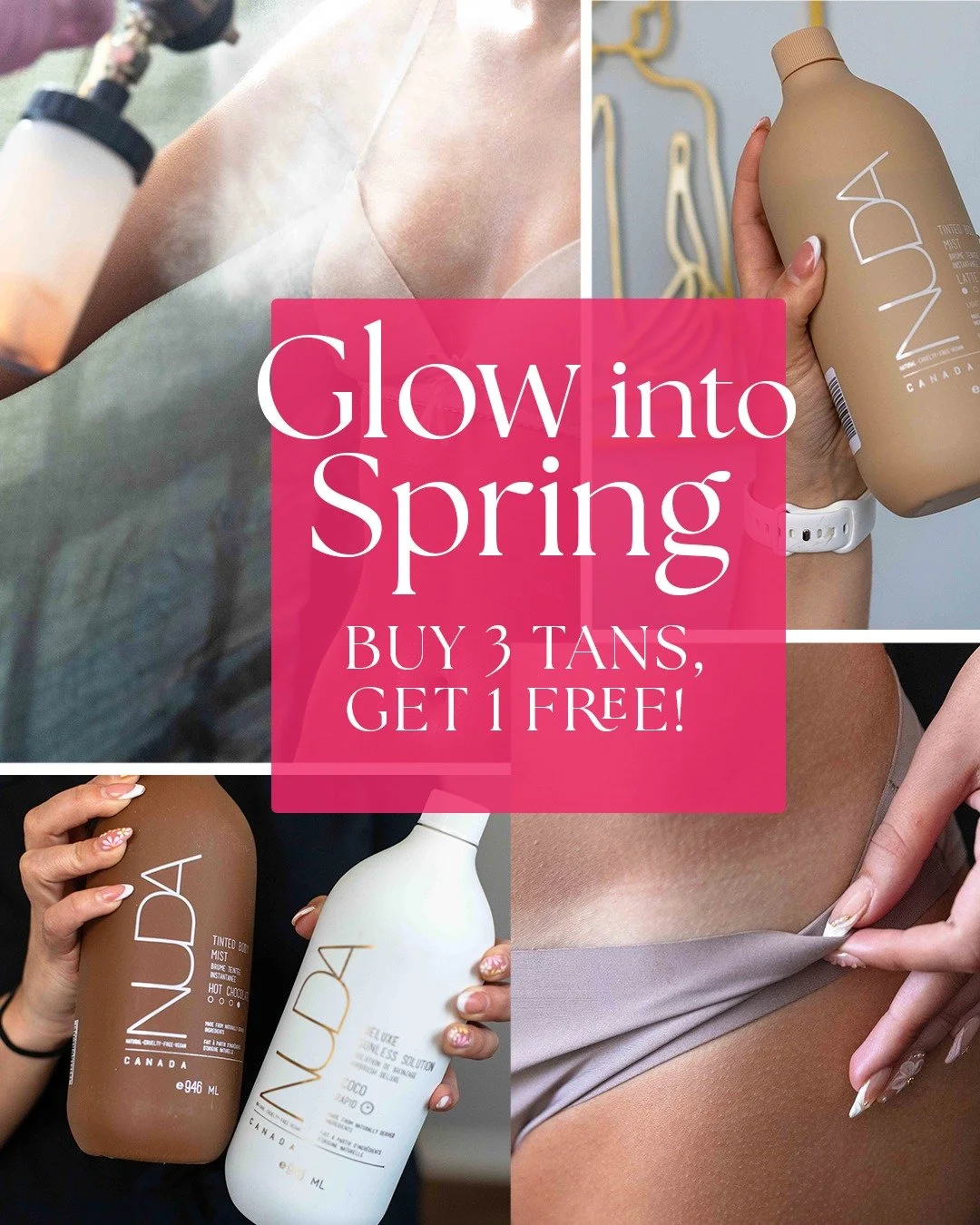 Embrace Your Glow This Spring

Ditch the winter pale and step into the season radiant, hydrated, and sun-kissed&mdash;without the UV damage. 

Our NUDA Spray Tanning is more than just a tan&mdash;it&rsquo;s a skin-loving treatment that leaves you loo