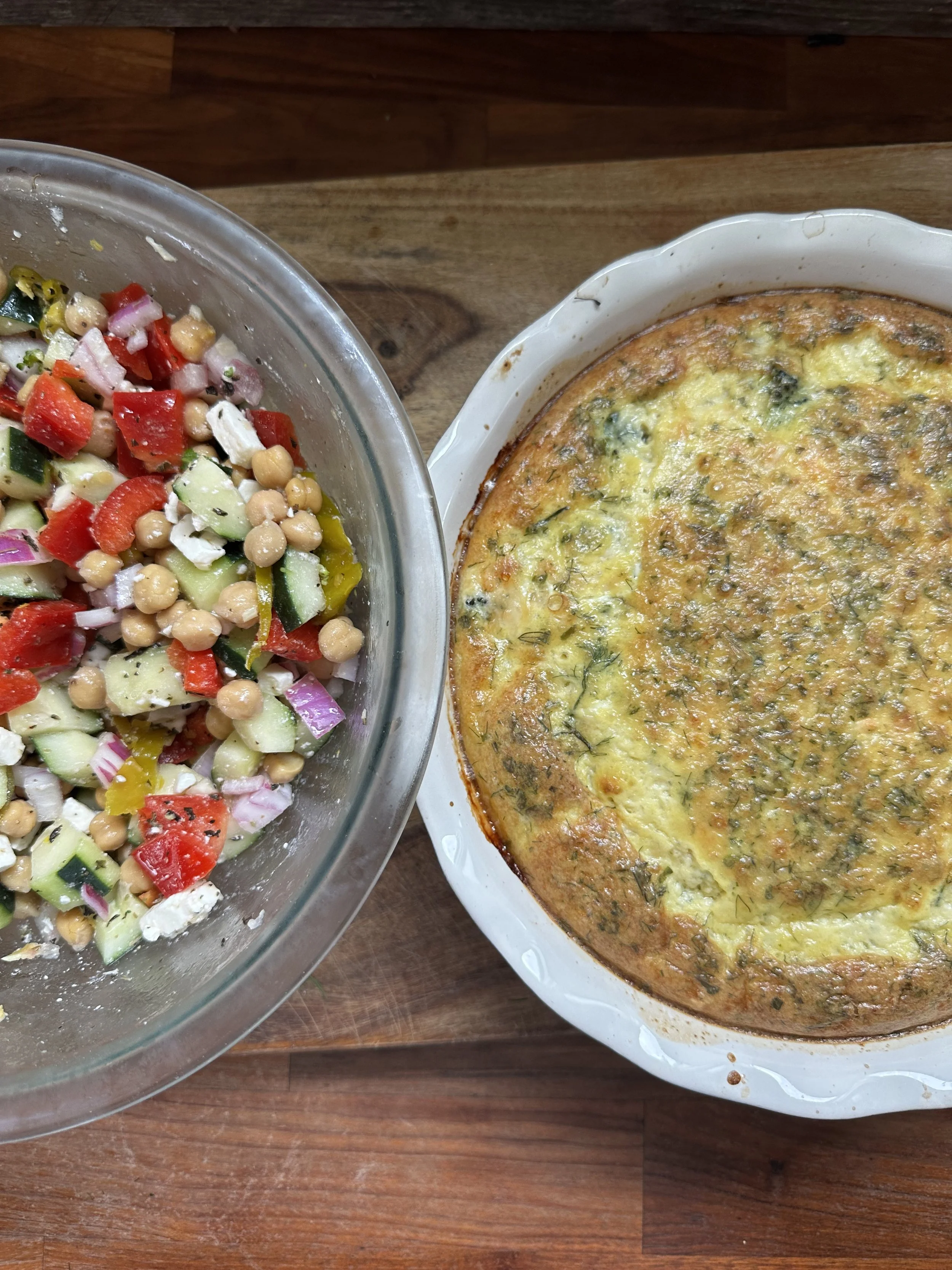 An image of a chickpea vegetable salad and an egg quiche