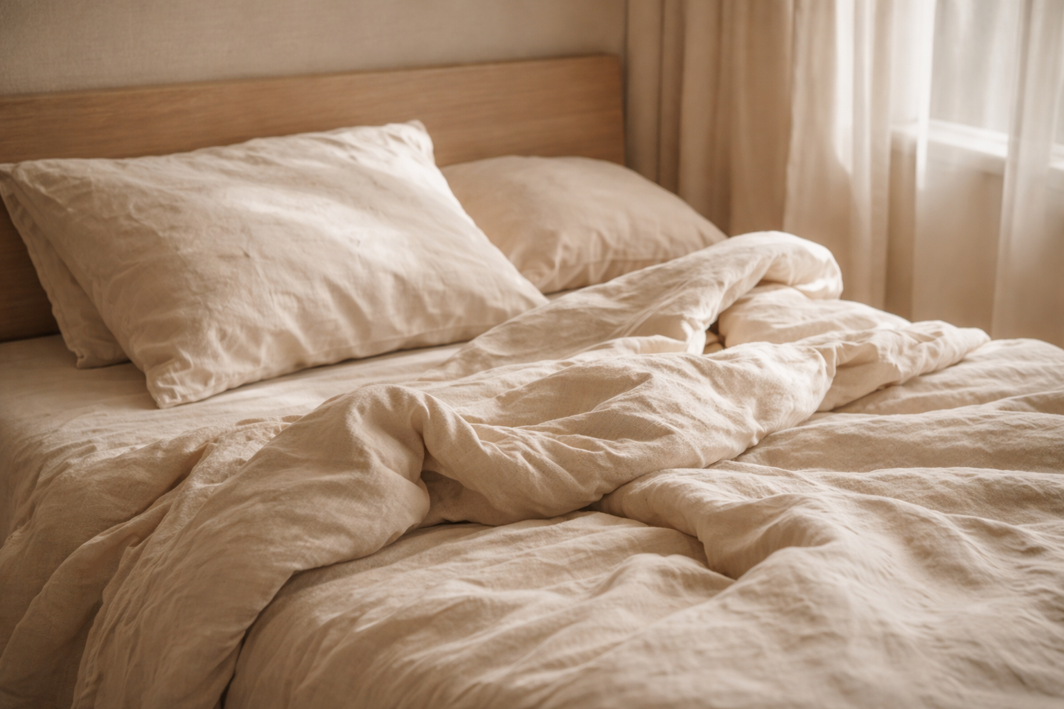 Unmade bed with cream-colored sheets, pillows, and comforter, near a window with sheer curtains.