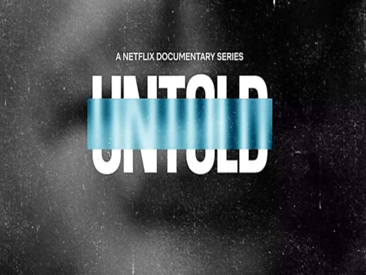 Netflix documentary series "Untold" promotional poster with black and white background and blue stripe.
