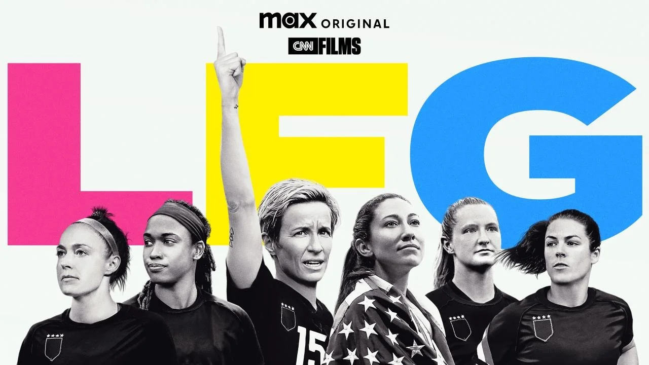 Promotional poster for 'LFG,' a documentary by Max Original and CNN Films, featuring six female soccer players in front of large colored letters L, F, and G.
