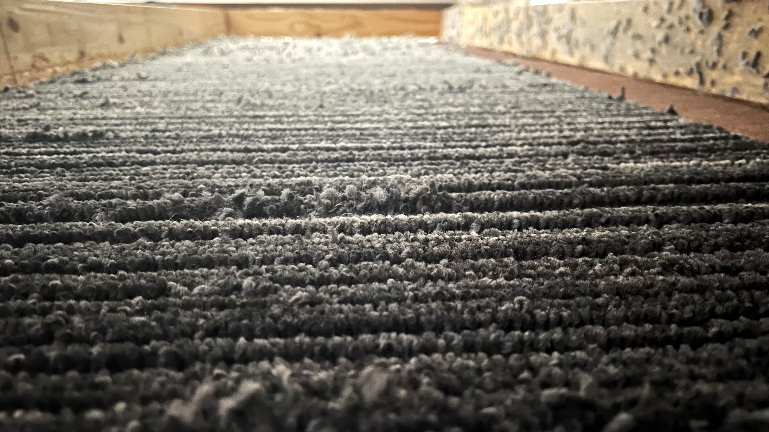 Primer plano de una alfombra gris texturizada en un pasillo o entrada.