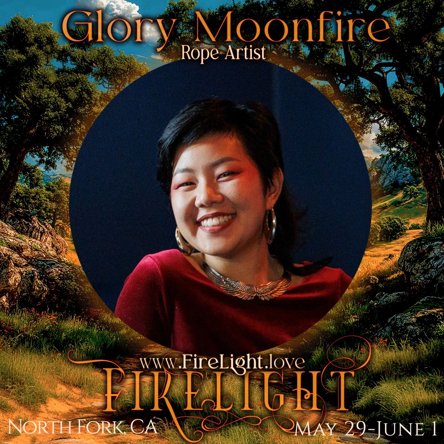 glory smiling in red dress and gold earrings 