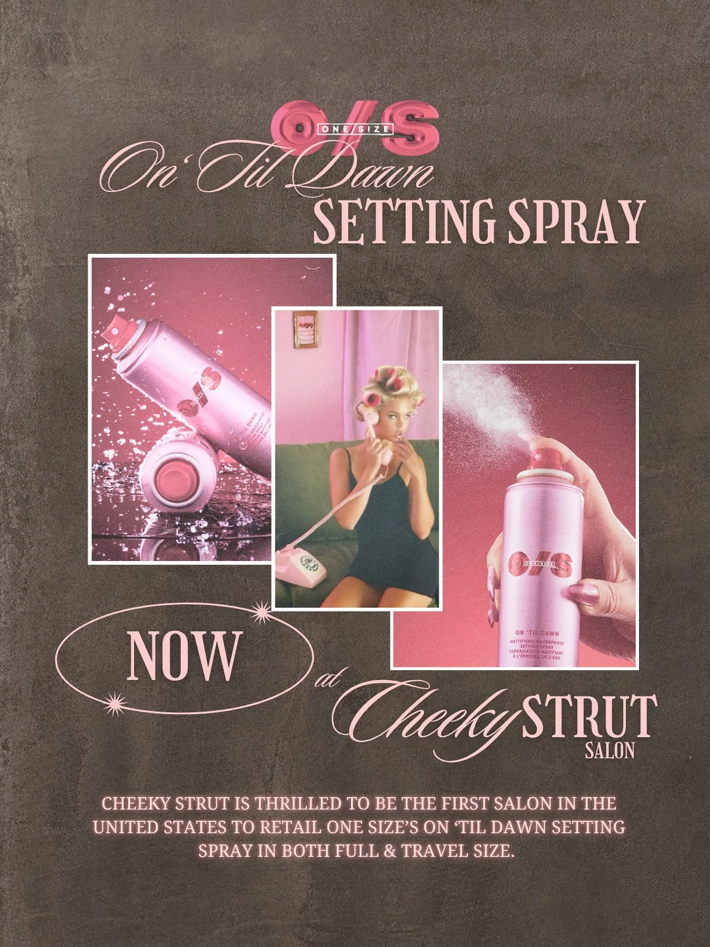 Your makeup&rsquo;s new ride-or-die 💕

@onesize On &lsquo;Til Dawn Setting Spray is officially HERE at Cheeky Strut &mdash; and we&rsquo;re the first salon in the U.S. to have it.

This viral icon keeps makeup waterproof, transferproof, smudgeproof,