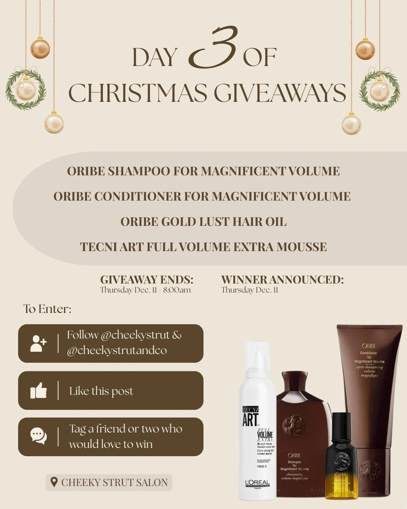 ✨ DAY 3 ✨ of our 12 Days of Christmas Giveaways is HERE!
We&rsquo;re treating you to a luxurious Oribe + L&rsquo;Or&eacute;al volume bundle valued at $196. This giveaway is perfect for hair needing extra fullness and long-lasting volume!🎁

Includes: