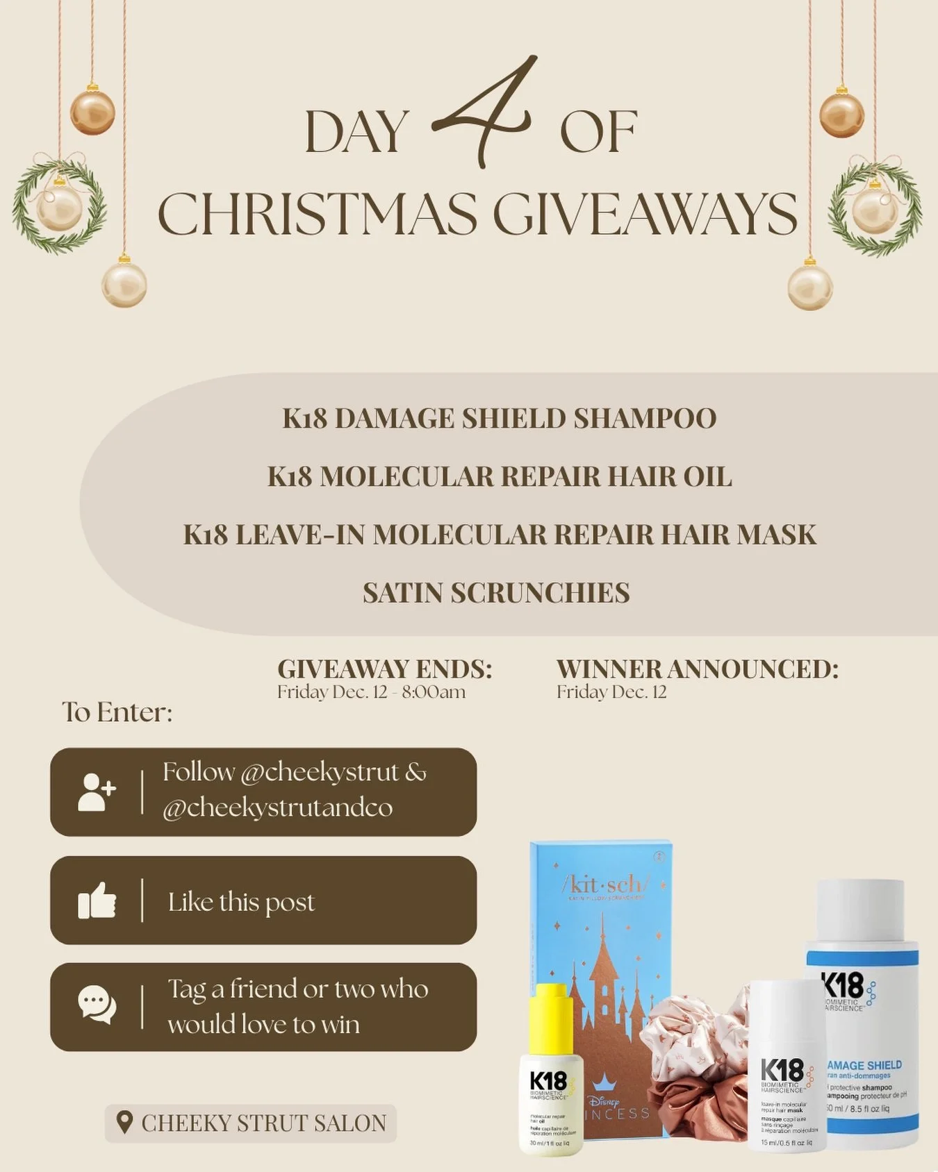 ✨ DAY 4 ✨ of our 12 Days of Christmas Giveaways is HERE!🎁
We&rsquo;re treating you to a K18 bundle valued at $150. Perfect for damaged hair needing repair and some extra love🧬

Includes:
&bull; K18 Damage Shield Shampoo &mdash; frizz prevention, da