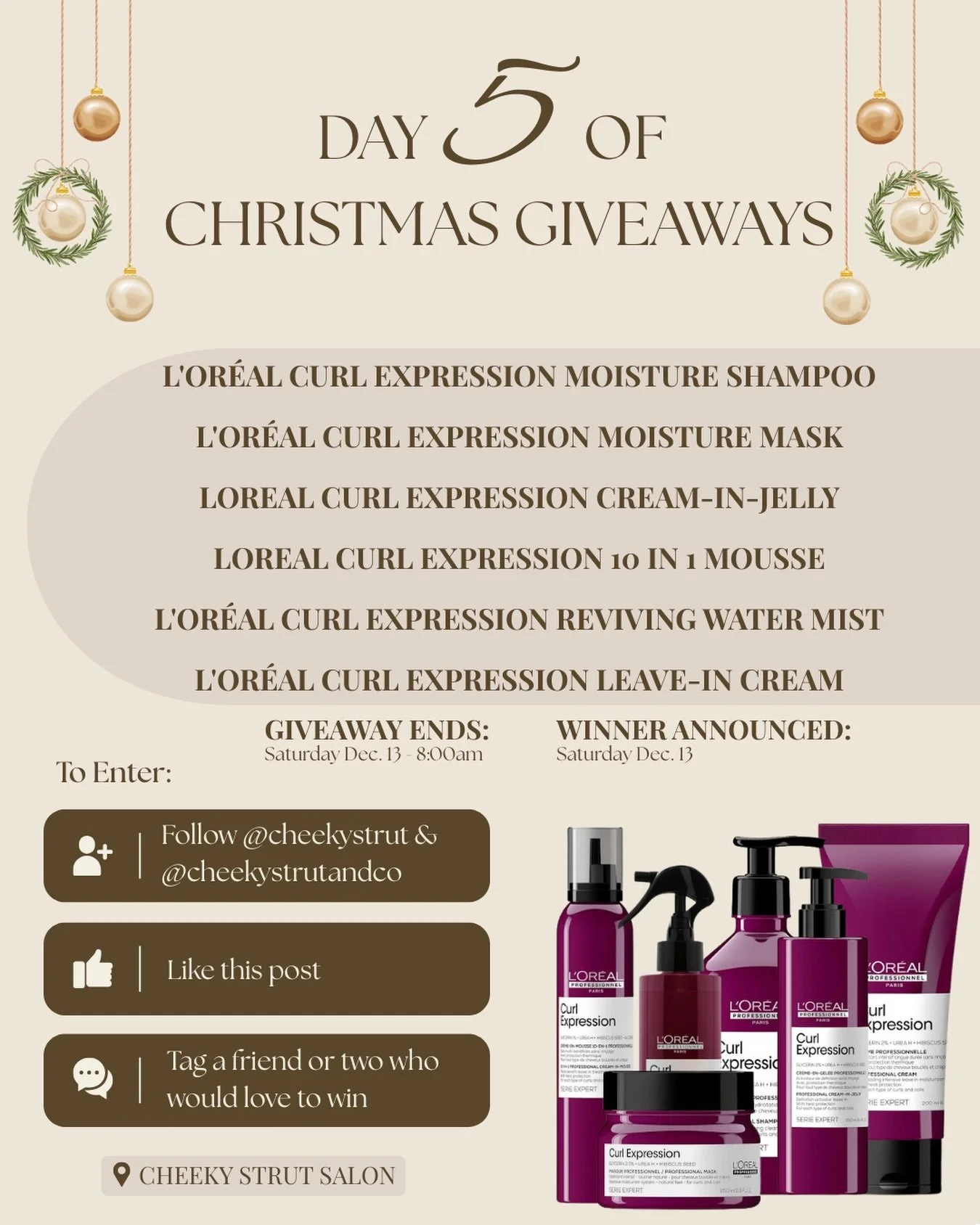 ✨ DAY 5 ✨ of our 12 Days of Christmas Giveaways is HERE! 🎁
We&rsquo;re celebrating our curly girls with a L&rsquo;Or&eacute;al Curl Expression bundle valued at $257. Perfect for keeping curls hydrated, defined + full of life this holiday season!💜✨
