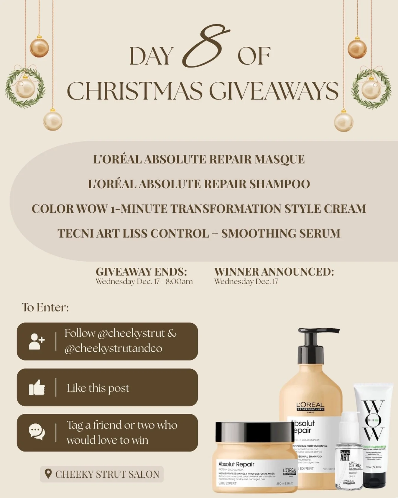 ✨ DAY 8 ✨ of our 12 Days of Christmas Giveaways is HERE!
Today&rsquo;s prize is a L&rsquo;Or&eacute;al Professionnel + Color Wow bundle valued at $145 🎁 A perfect repair + smoothing bundle for anyone wanting healthier, shinier, frizz-free holiday ha