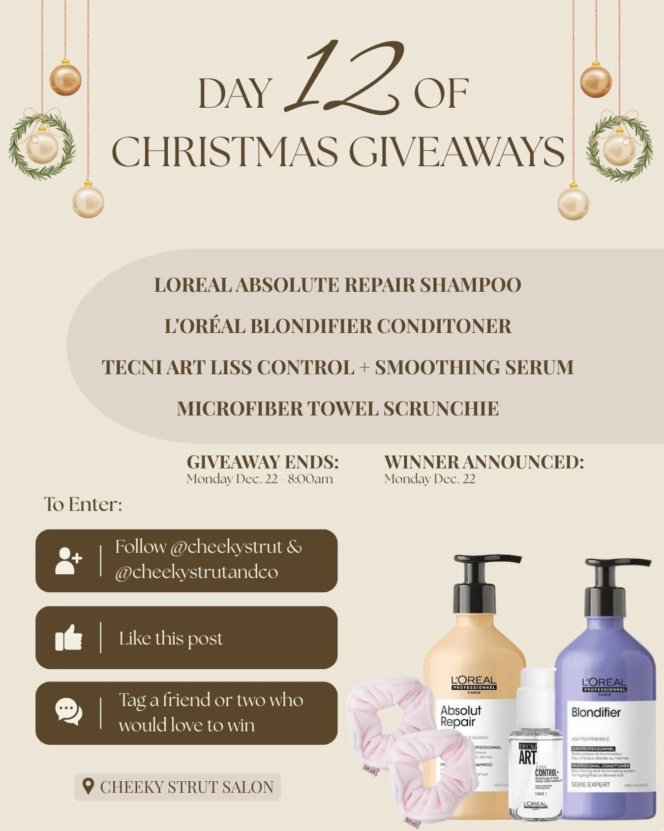 ✨ DAY 12 ✨ of our 12 Days of Christmas Giveaways is HERE!
We&rsquo;re finishing strong with a L&rsquo;Or&eacute;al + Tecni Art bundle valued at $144 🎁 
Who doesn&rsquo;t want more shine, smoothness, and overall healthier hair?❤️✨

Includes:
&bull; L