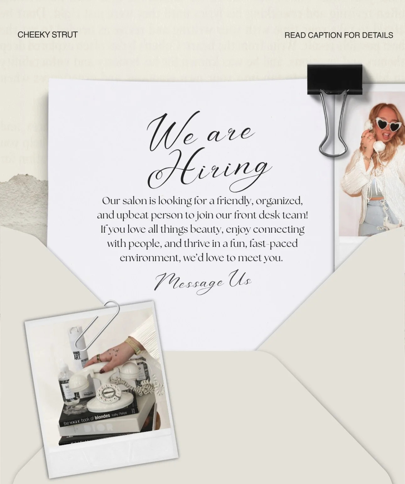 We&rsquo;re Hiring ✨

We&rsquo;re looking for a new addition to our front desk team! If you love all things beauty, enjoy working with people, and thrive in a team environment, this could be the perfect fit for you.

In this role, you&rsquo;ll welcom