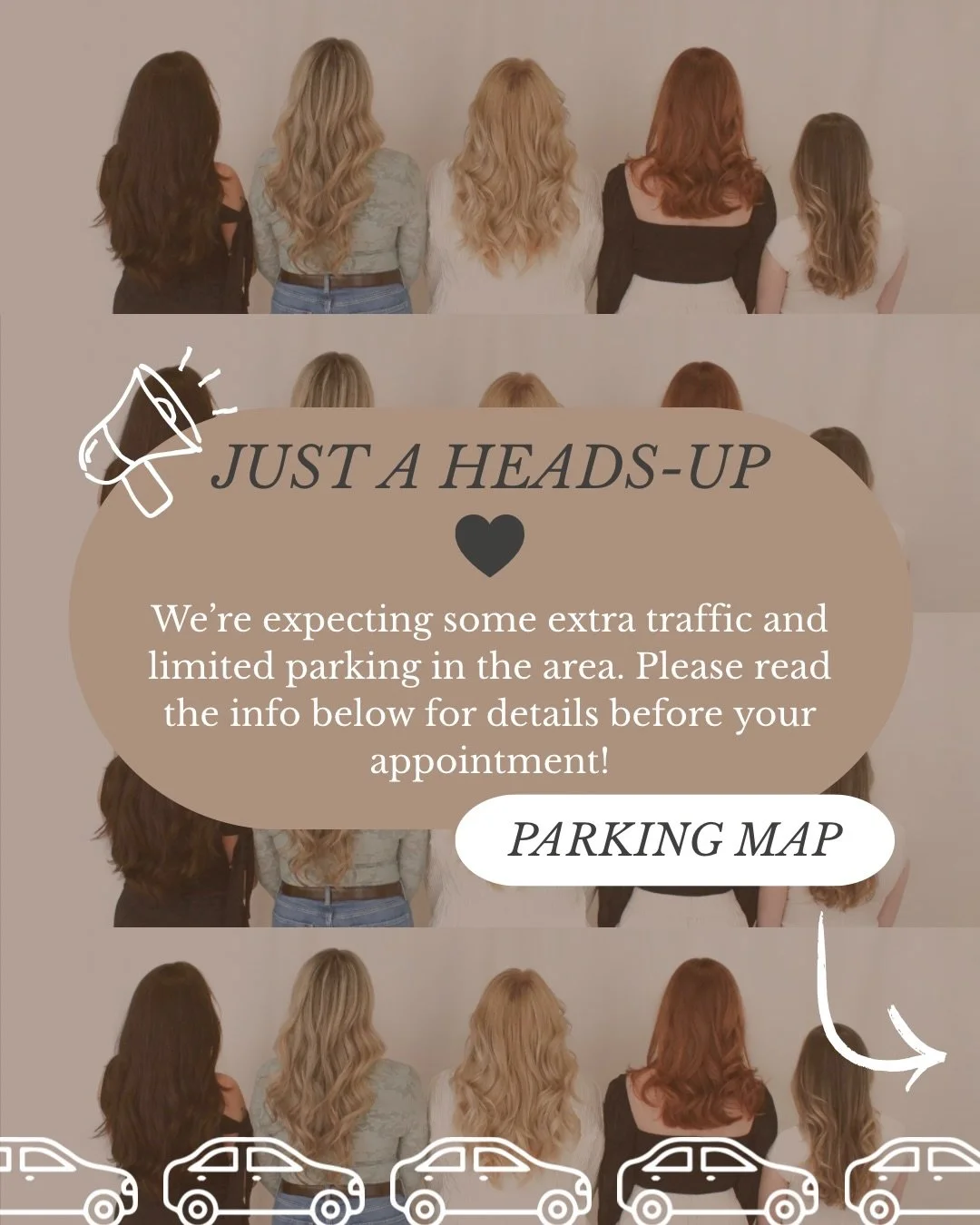 Dear Clients,

We wanted to give you all a heads-up that a new amphitheater has recently opened near the salon. Because of this, there may be increased traffic and limited parking during event times, especially on weekends and evenings.

We recommend