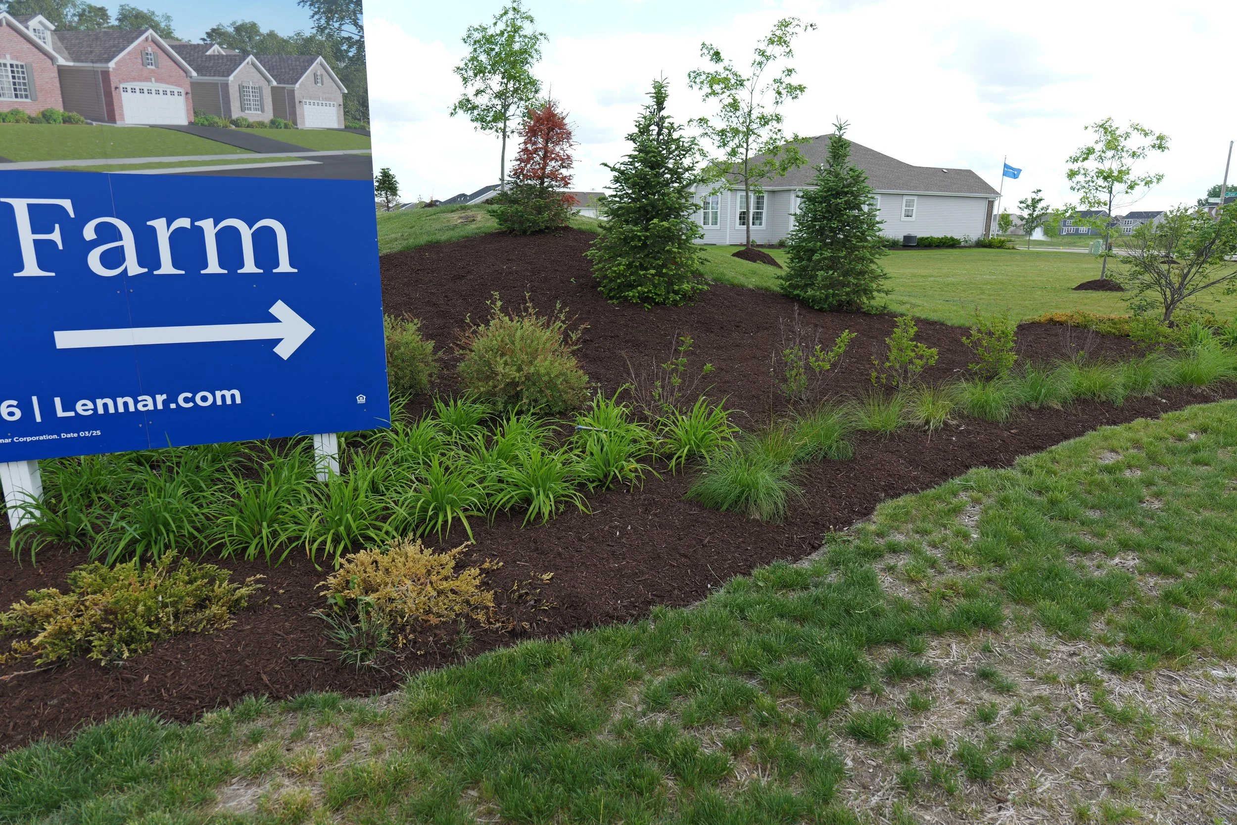 A landscaped yard with small trees and shrubs, a house in the background, and a blue sign with white text indicating directions to a farm.