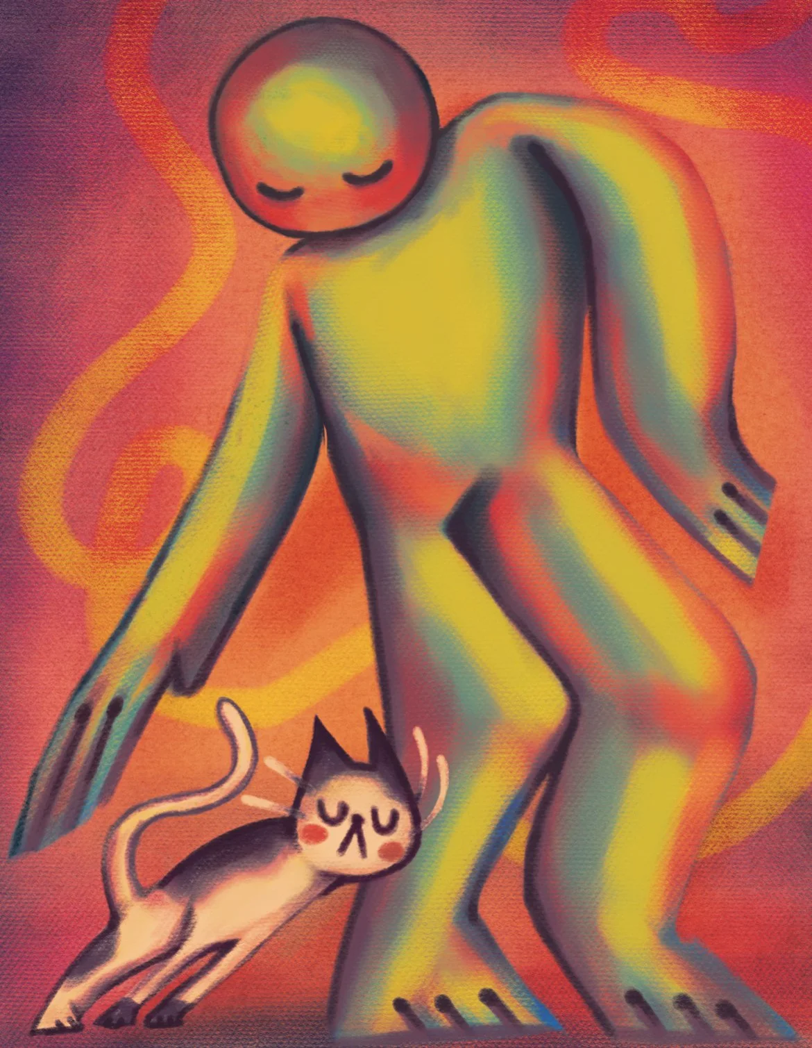 A colorful, abstract painting of a nude person with a yellow-green gradient skin tone, reaching downward, with a small, smiling cartoon-style cat with closed eyes and blush marks on its cheeks, stretching upward. The background is a warm orange with swirling patterns.