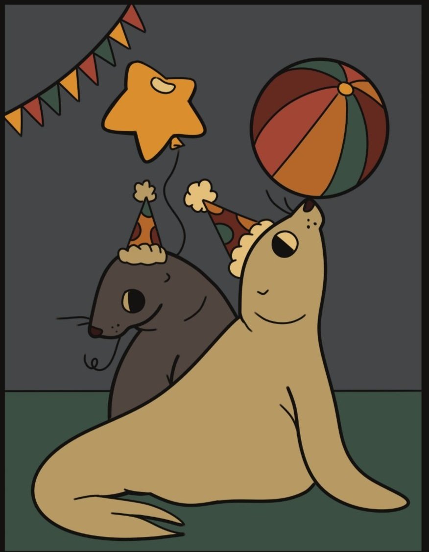 Celebration with party hats, balloons, and bunting, featuring two seals, one tan and one dark gray, wearing party hats and conical party hats on their heads.