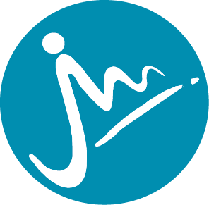 A blue circular logo with a white stylized lowercase 'j' and a curved line representing a person surfing.