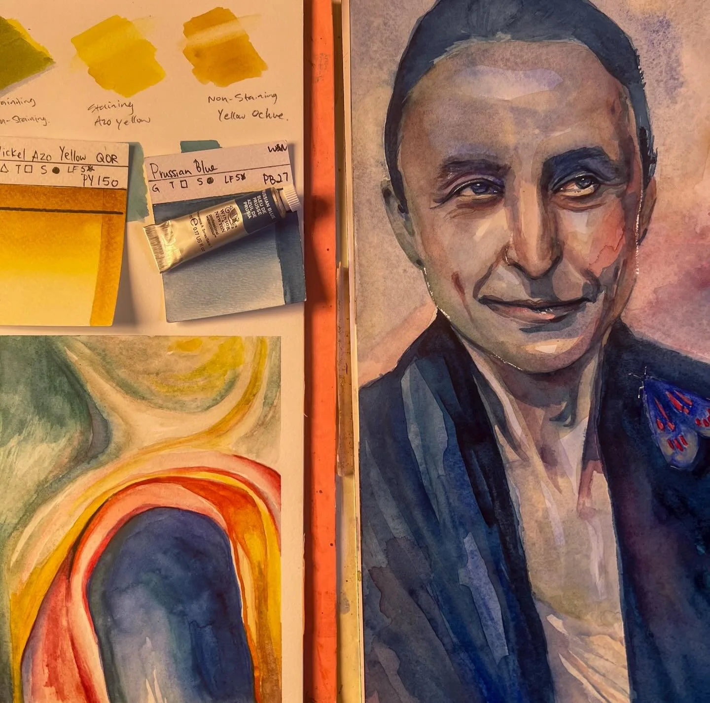 Georgia O&rsquo;Keeffe -Masters Reimagined 🎨💙 And this one taught me more about watercolor than any demo ever has.
For this portrait, I did something different: I painted the whole piece backwards from the &ldquo;correct&rdquo; watercolor order.
I 