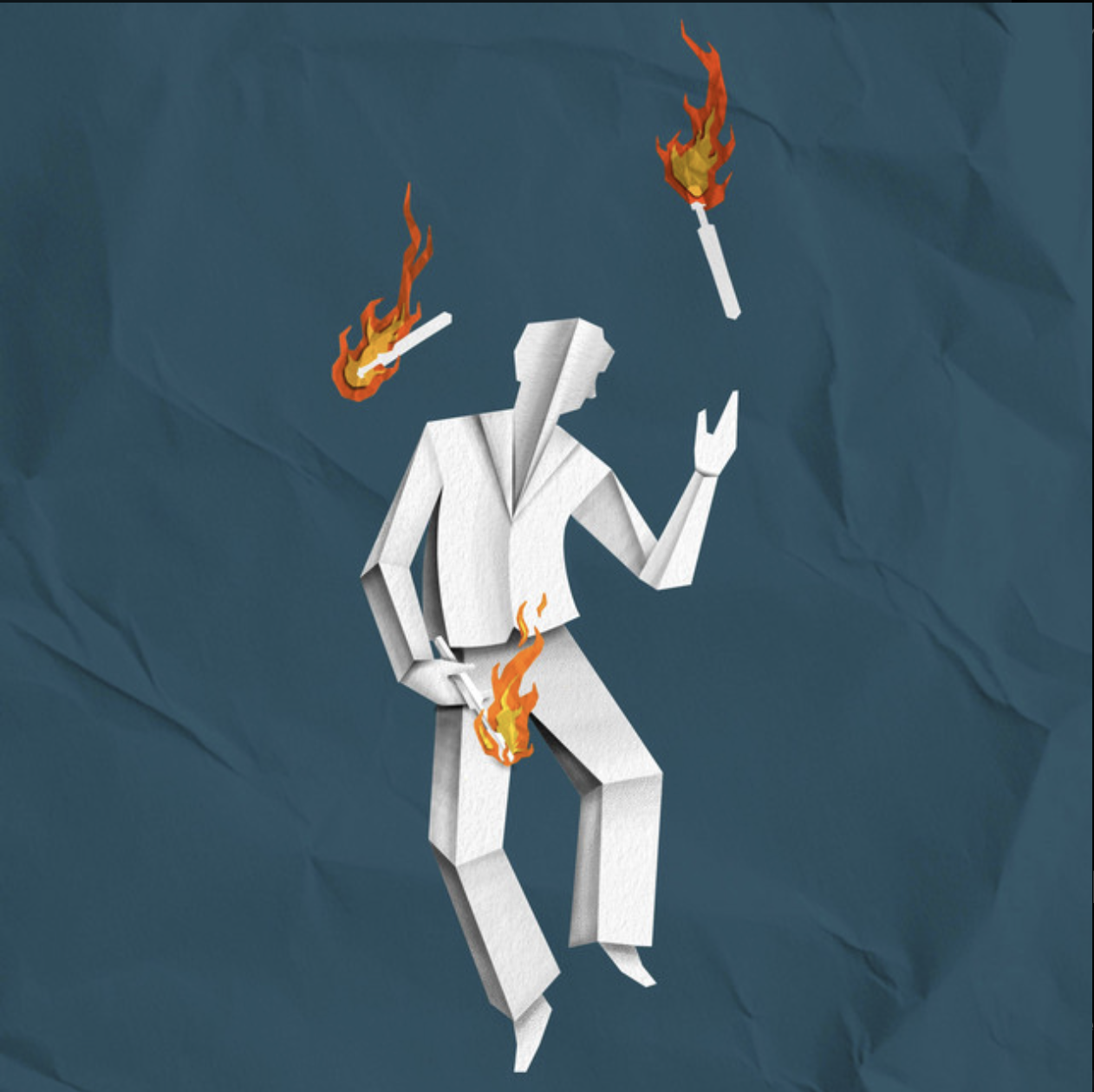 A paper cut-out of a person with a faceless head, wearing a suit, holding a lit match and a fireball, with flames in the background, set against a crumpled dark blue paper background.