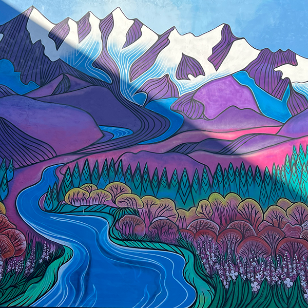 Colorful illustration of a mountain landscape with snow-capped peaks, rivers, forests, and vibrant trees.