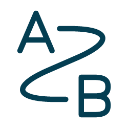 A logo with the letter A on the left, a curving line in the middle, and the letter B on the right.