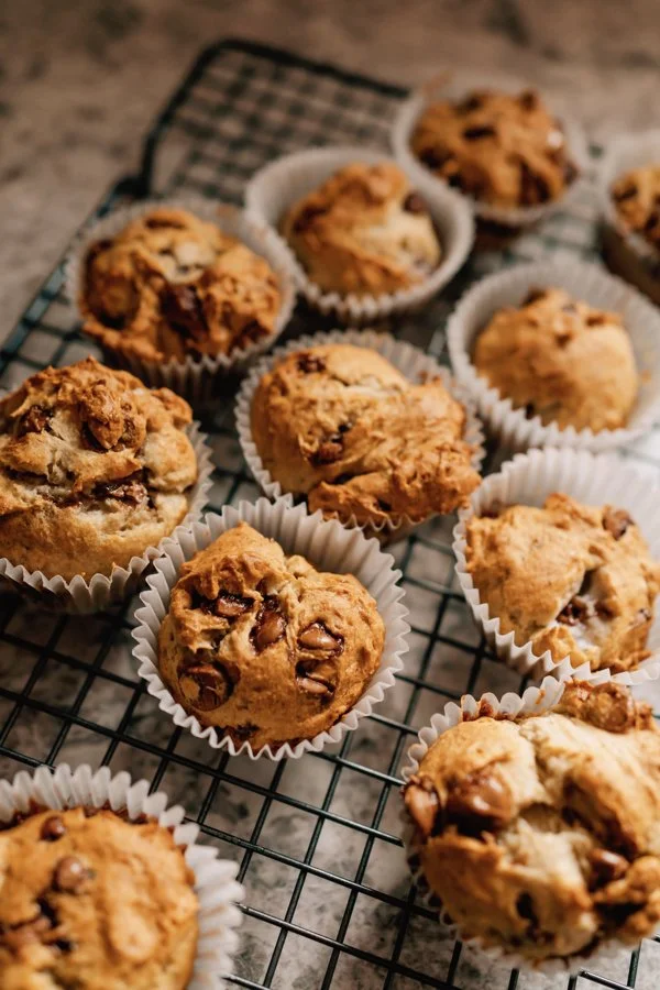 Chocolate chip muffins sitting on a cooling rack