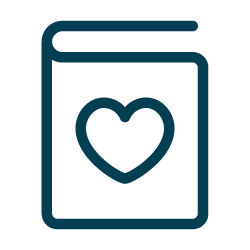 A stylized icon of a book or diary with a heart on the cover.