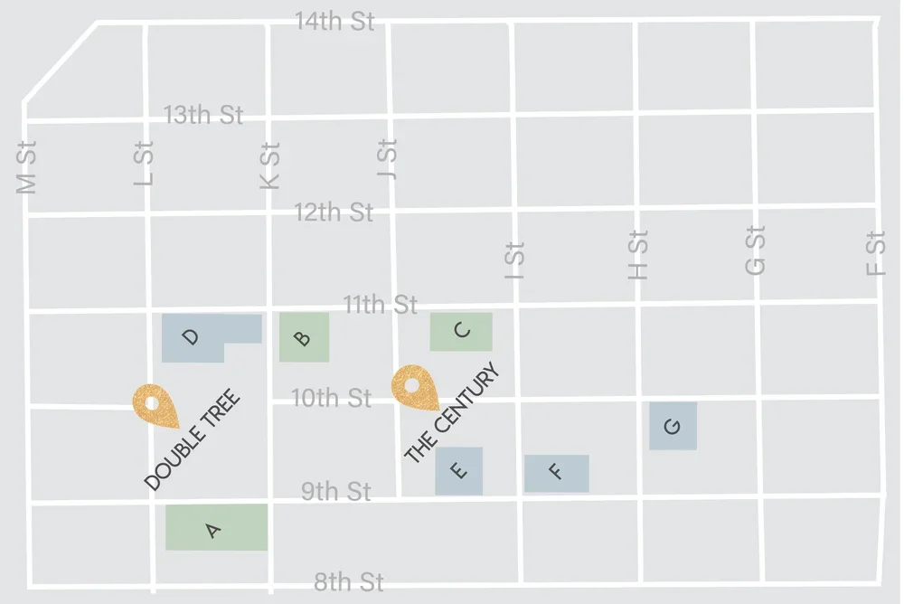 Map of area surrounding The Century with street labels from 8th to 14th Street and A to G avenues, with parking garage and pay-by-space locations locations labeled A to G and color coded green and blue