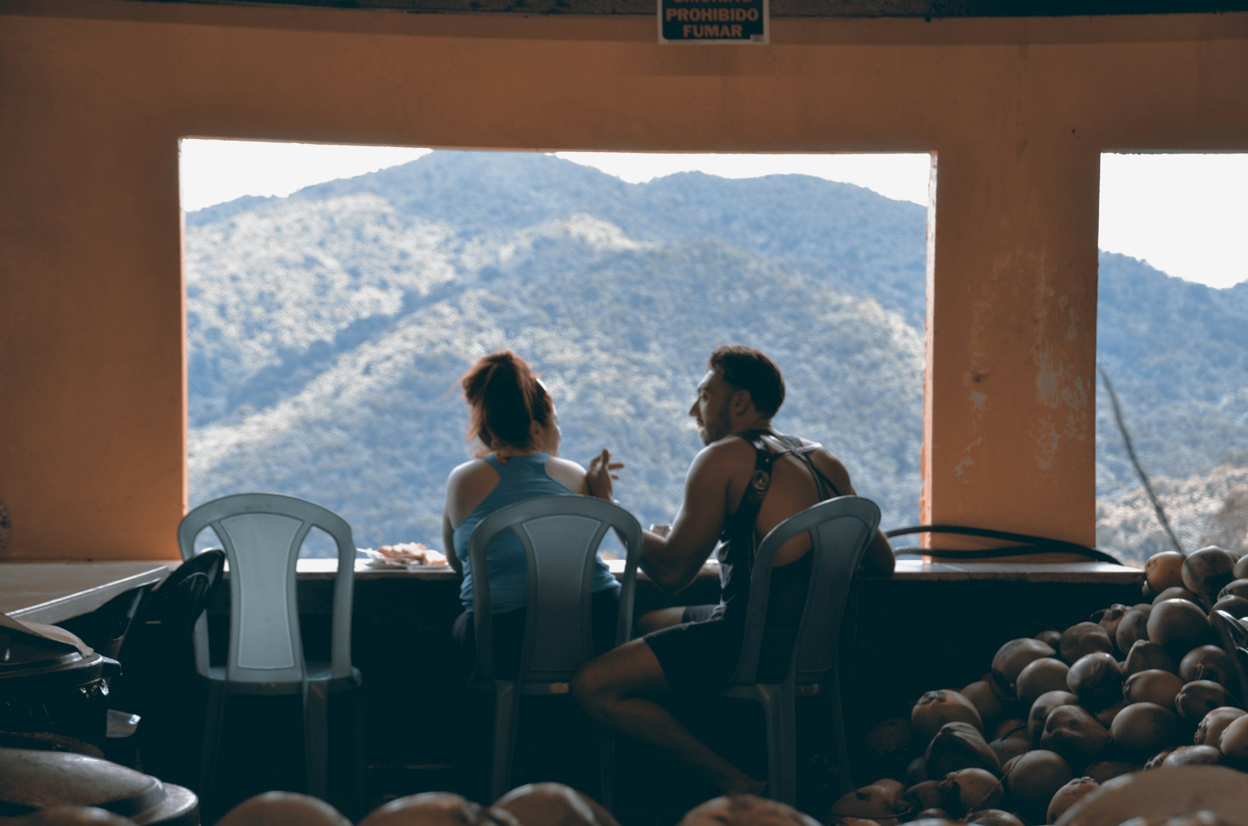Two people sitting at a table by a large open window, overlooking a mountain landscape, with a pile of onions in the foreground.