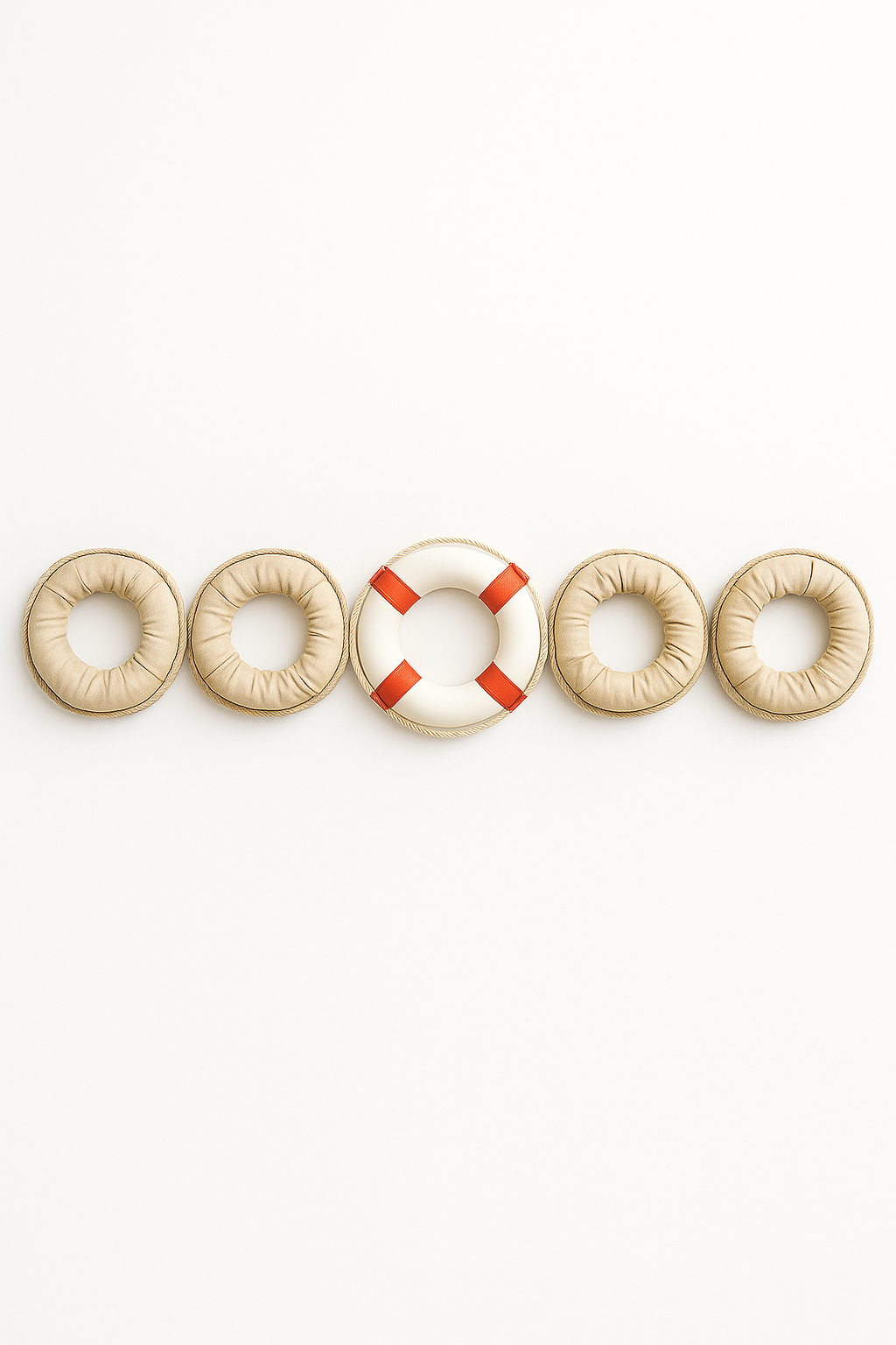 A single red-and-white lifebuoy stands out among a row of identical rope rings on a soft, neutral background. The contrast highlights Jesus as the only true lifeboat—steady, secure, and able to save—amid a world of false hope and imitation rescue.