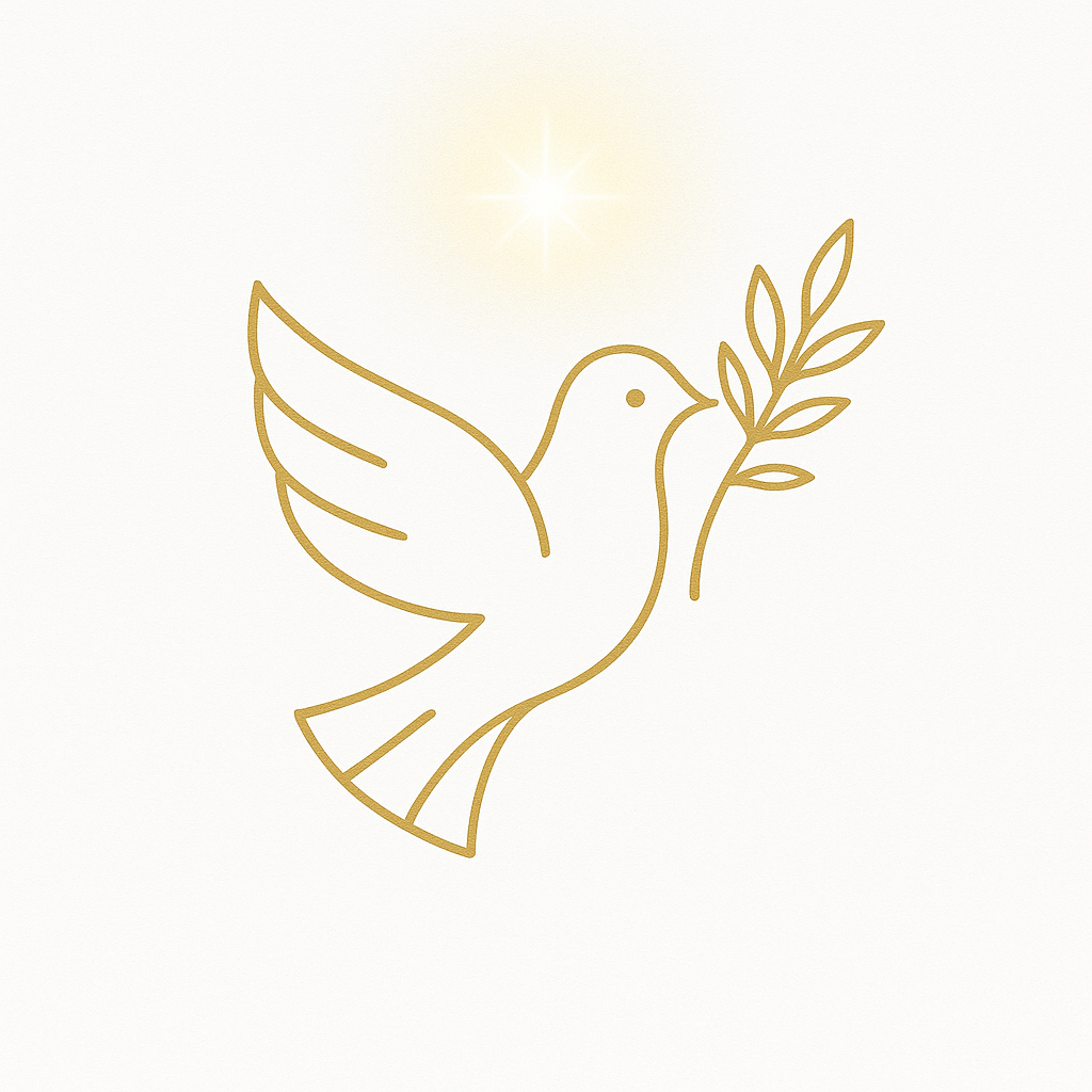 Minimalist line drawing of a dove holding an olive branch, with a glowing star above.