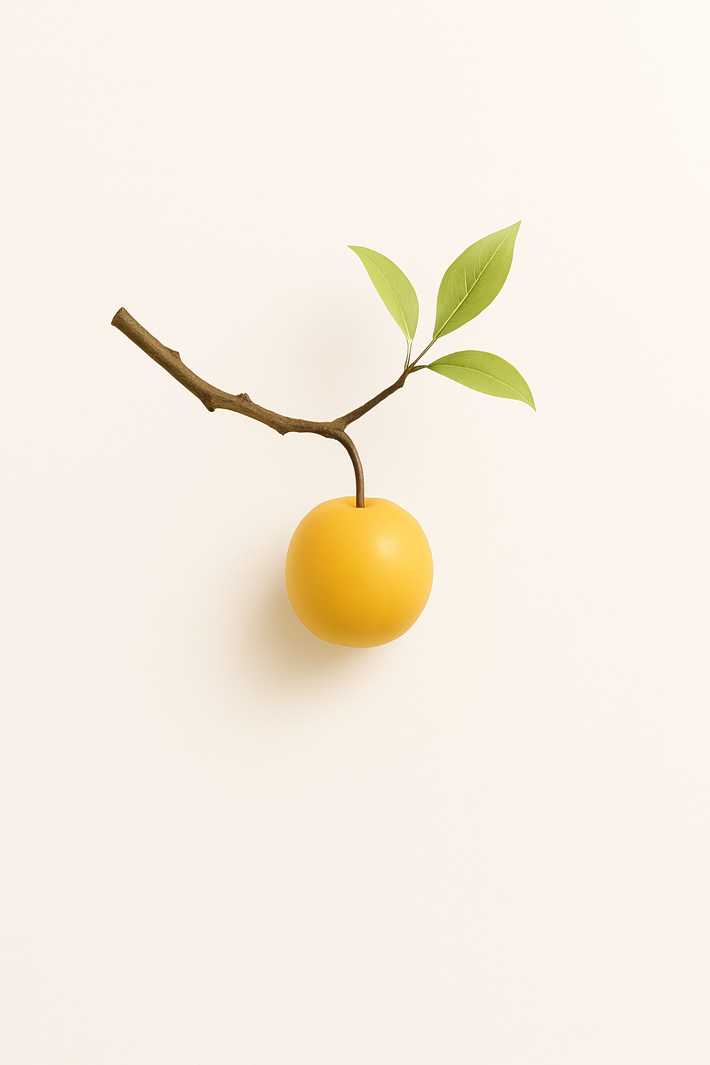 A golden fruit hangs from a thin branch with green leaves, symbolizing spiritual growth, pruning, and fruitfulness in Christ.