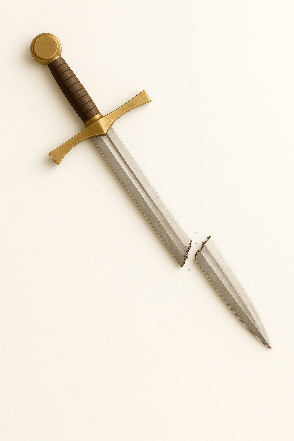 A metallic sword with a gold hilt lies broken in two across a soft beige background.A powerful representation of vulnerability, surrender, and ultimate victory through Christ, not self.