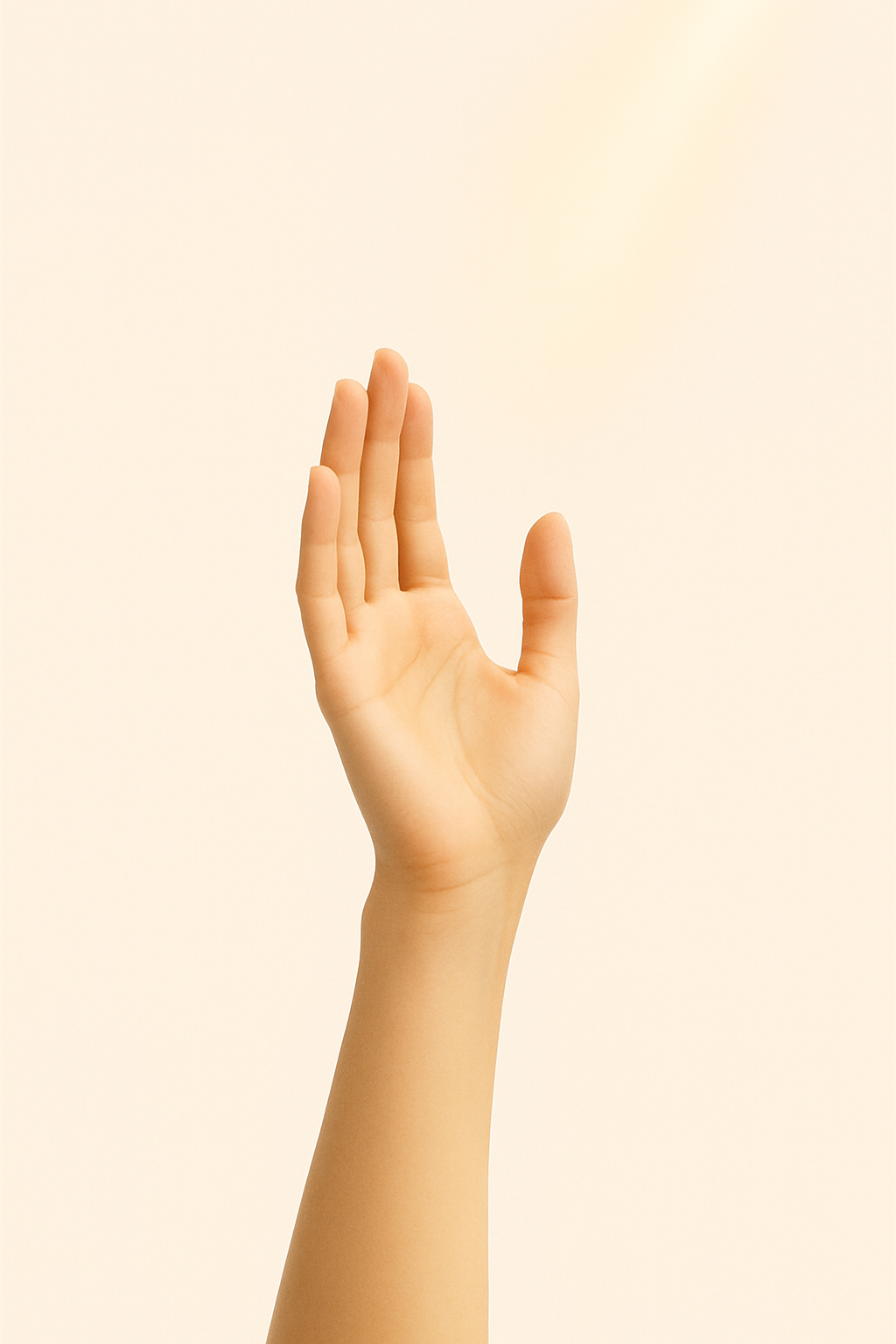 A single raised hand, palm open and facing outward, extends upward against a neutral background. The gesture conveys surrender, openness, or a silent call for help and rescue.