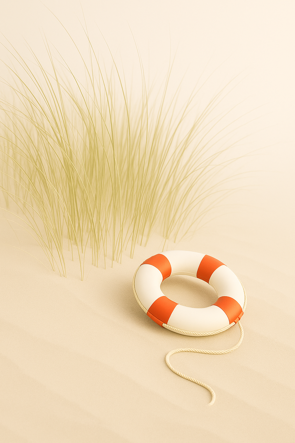 A white and red lifebuoy with a loose rope rests gently on soft, rippled sand beside tall beach grass. The setting evokes stillness, rescue, and a moment of reflection—symbolizing safety offered amidst life’s drifting winds.