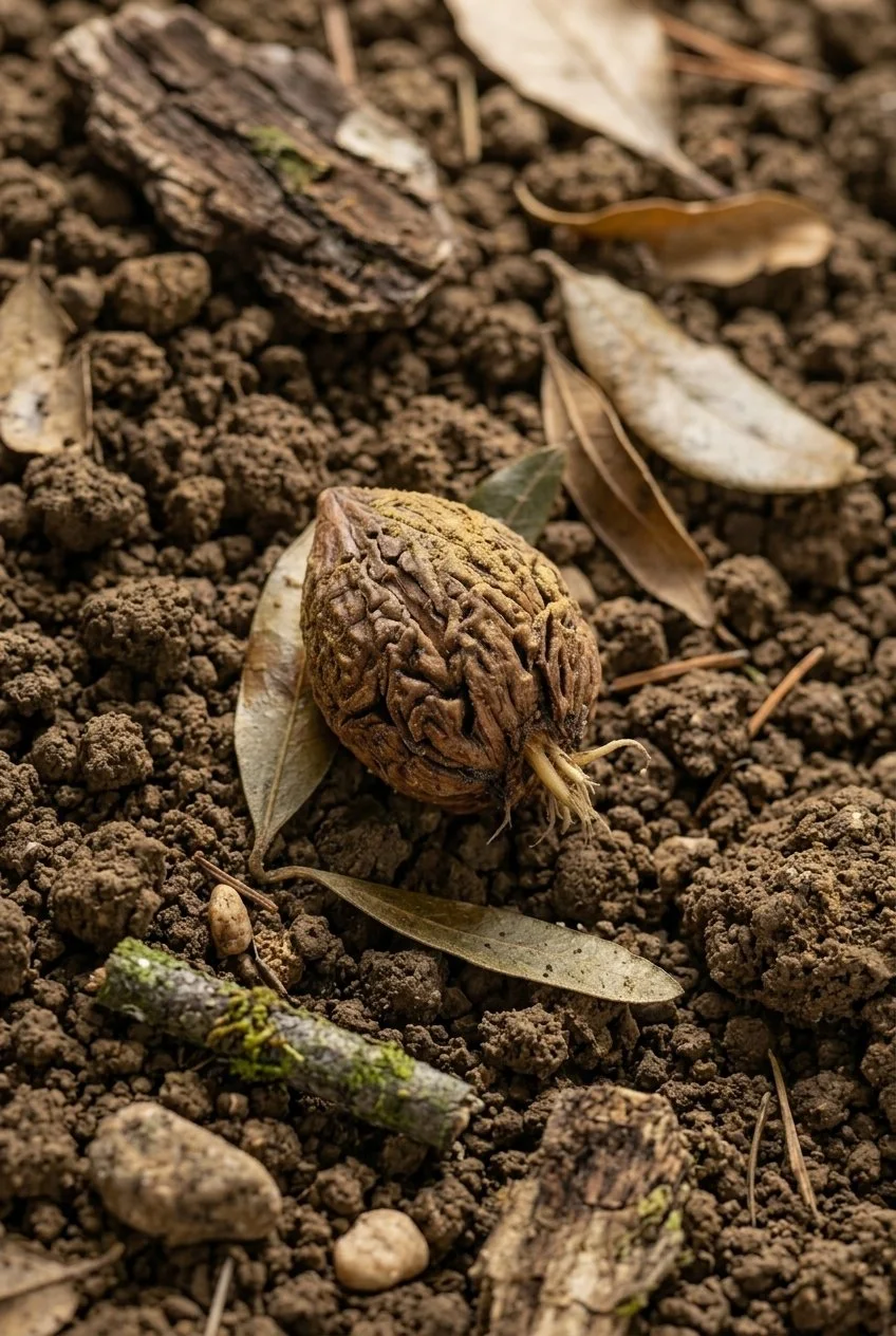 A detailed top-down view of a textured, sprouting walnut resting on dark garden soil, surrounded by scattered dried leaves.