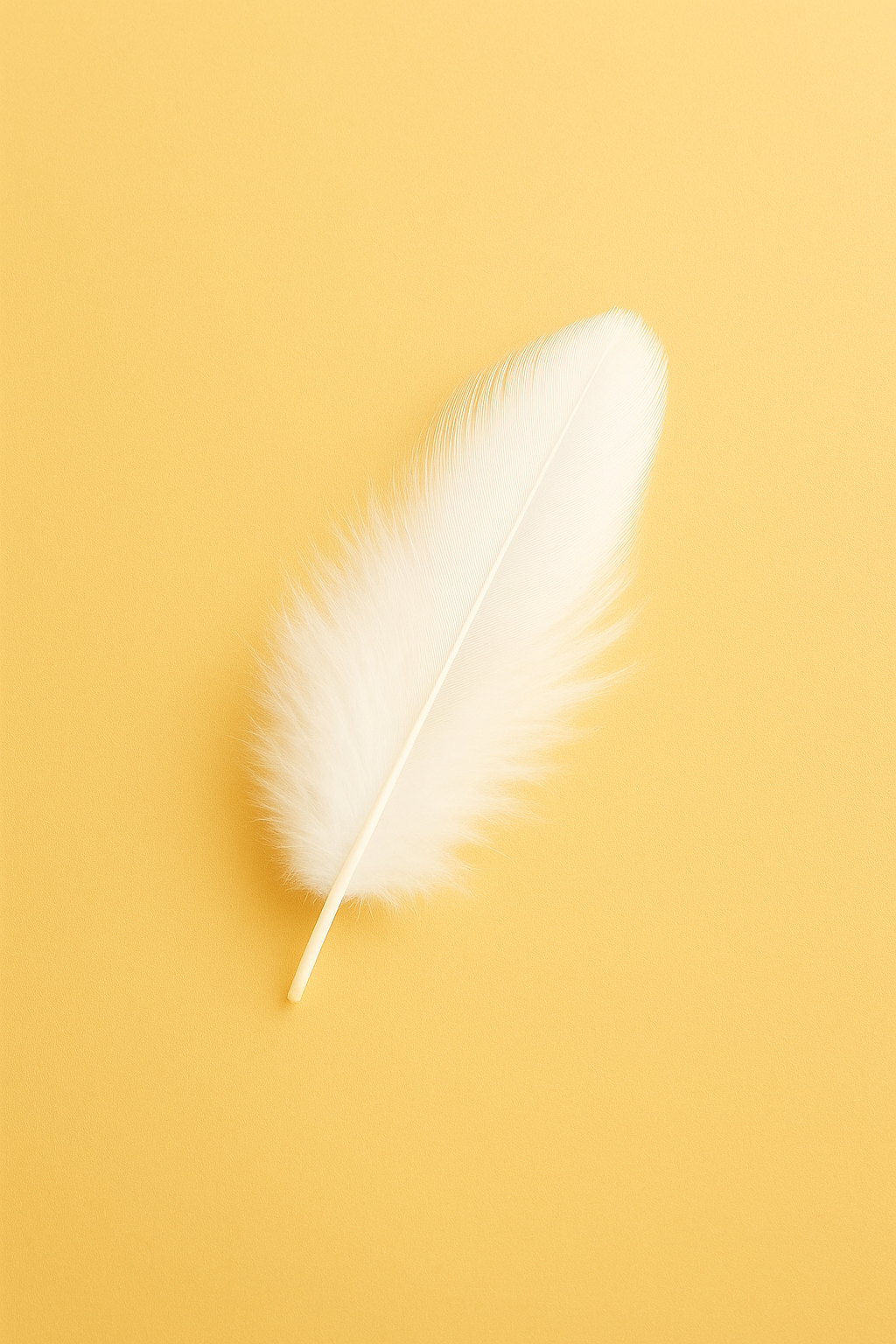 A soft, white feather rests gently against a warm golden-yellow background. The feather appears weightless and delicate, symbolizing peace, purity, and the gentle presence of the Holy Spirit.