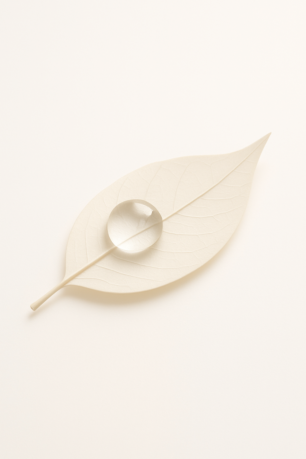 A pale, delicate leaf lies still on a soft neutral background, holding a single crystal-clear droplet. The scene captures quiet vulnerability and gentle strength, symbolizing how God’s mercy rests on us when we feel most fragile.