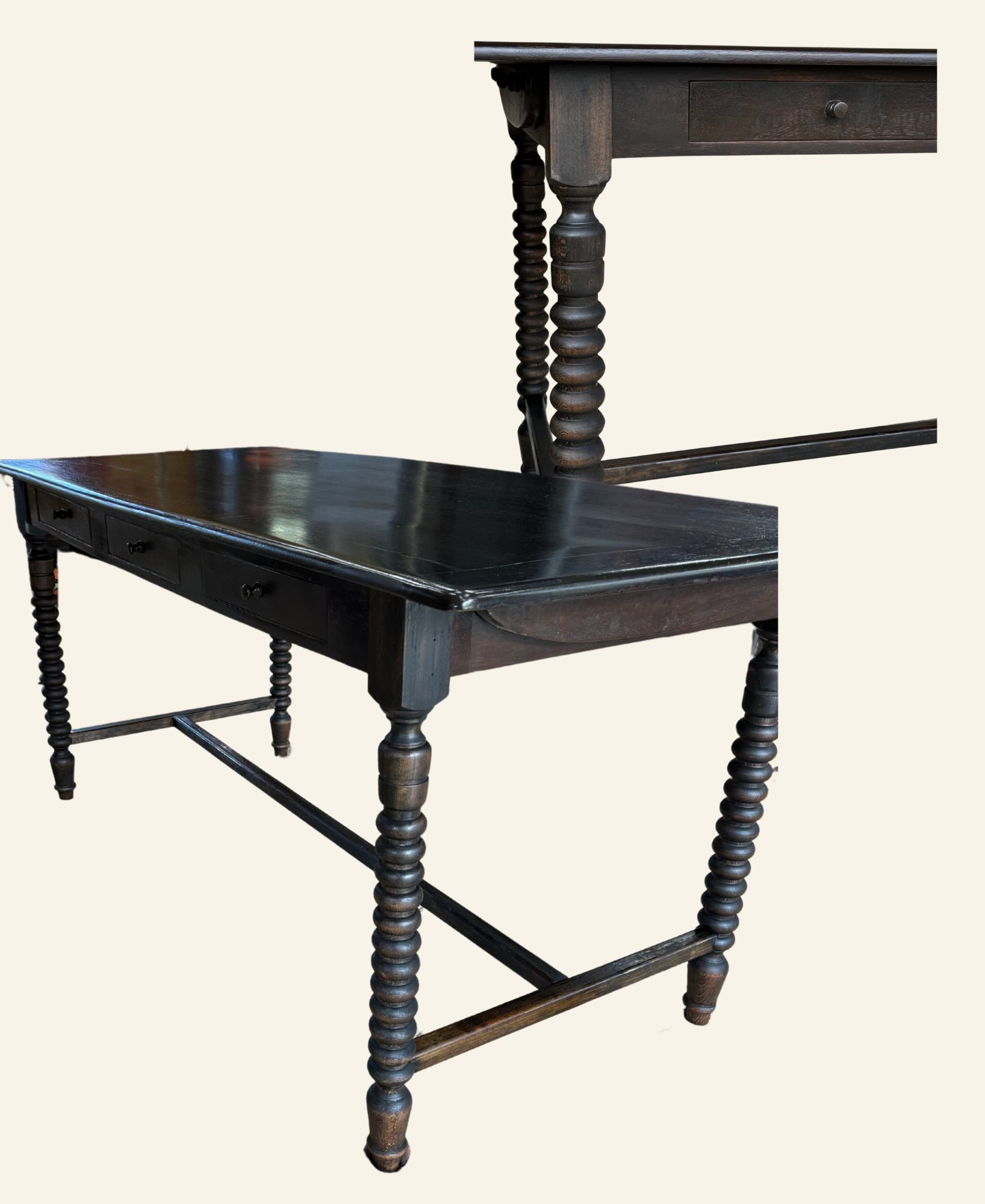 Antique wooden table with spiral-turned legs and drawers