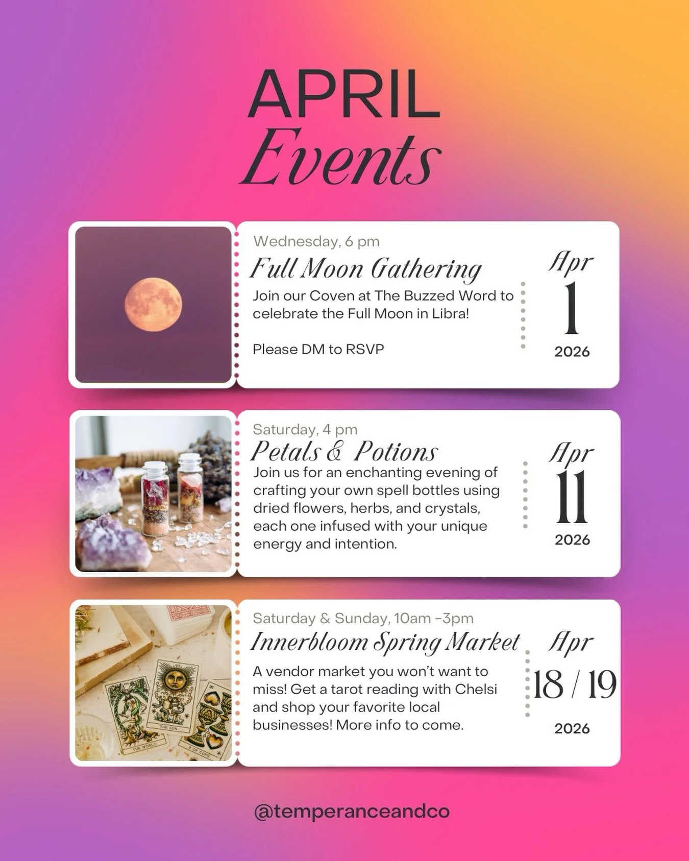 Make some magic with us this spring 🌸💫💗

4/1- Full Moon Gathering 🌝
Gather with @thecoastalcoven_oc under the Full Moon in Libra! Free to attend, please rsvp
📍@thebuzzedword

4/11- Petals &amp; Potions 🌷
Whether you&rsquo;re calling in love, pr