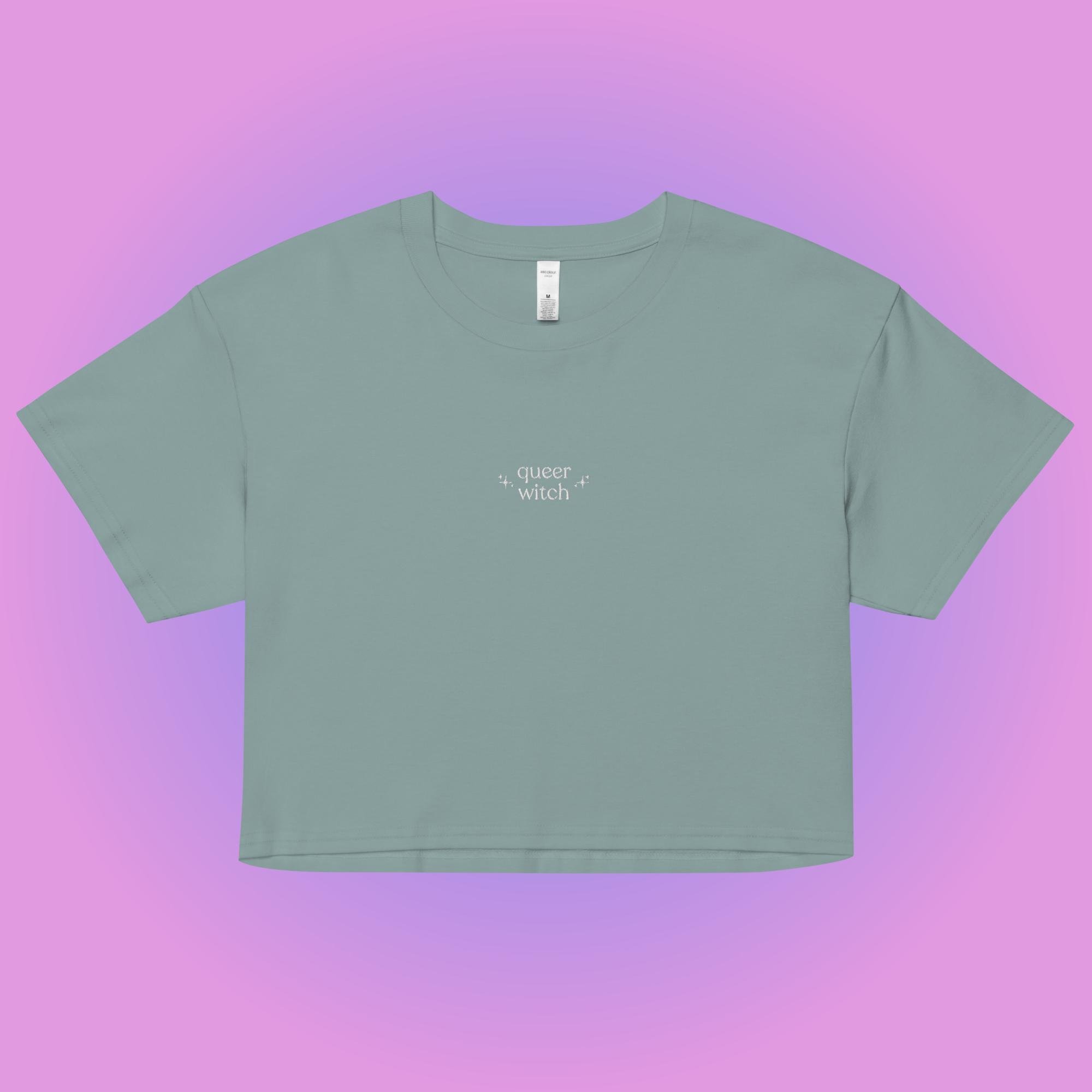 'Queer Witch' Embroidered Crop Top- Sage
