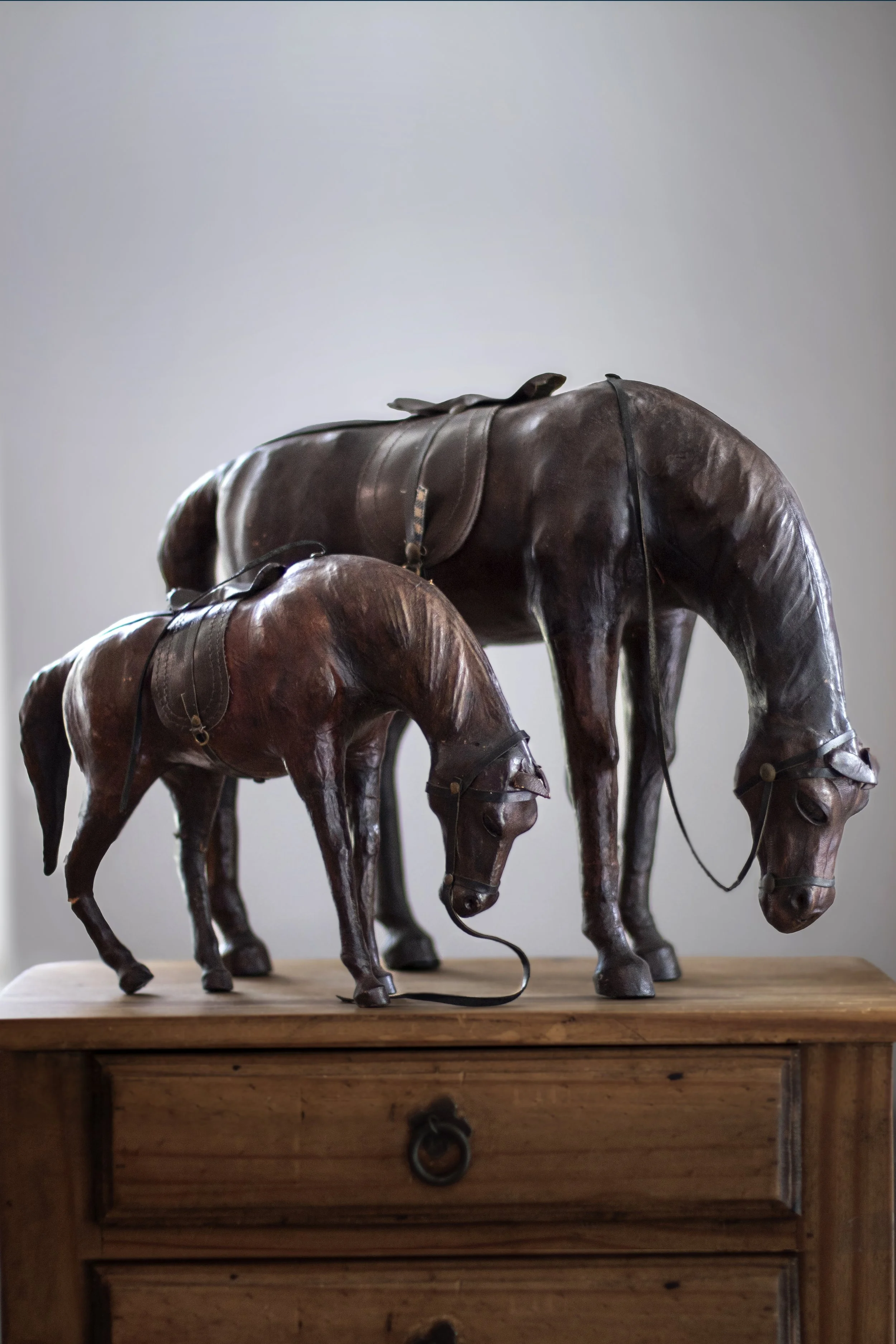 Pair Of Leather-Wrapped Equestrian Horse Statues 19"L & 13"L