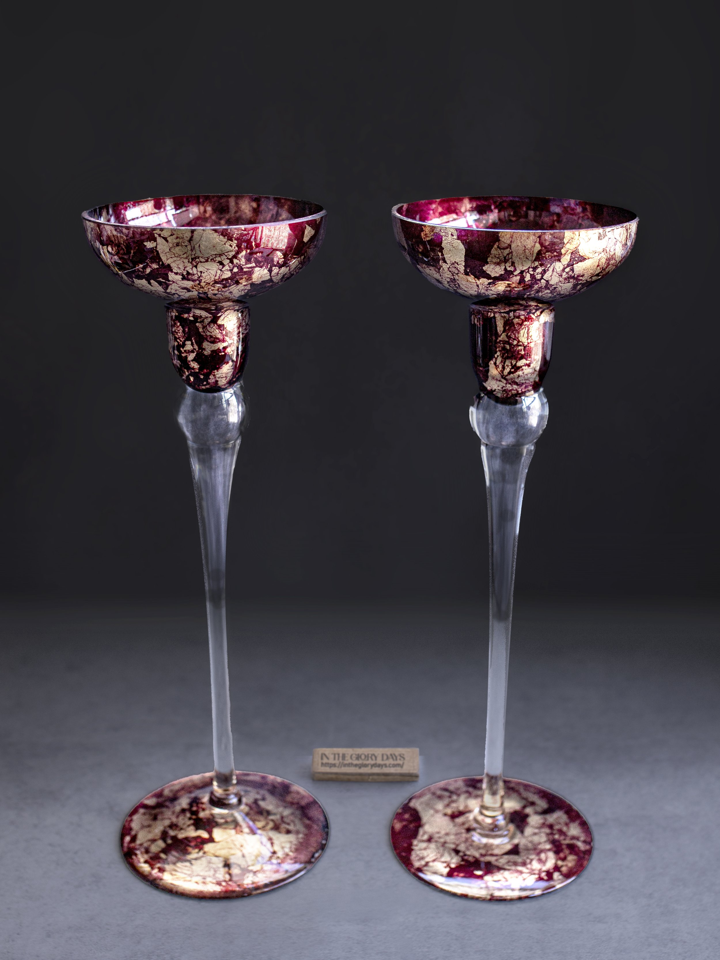 Vintage Italian Hand Blown Gold Leaf Art Glass Candlesticks