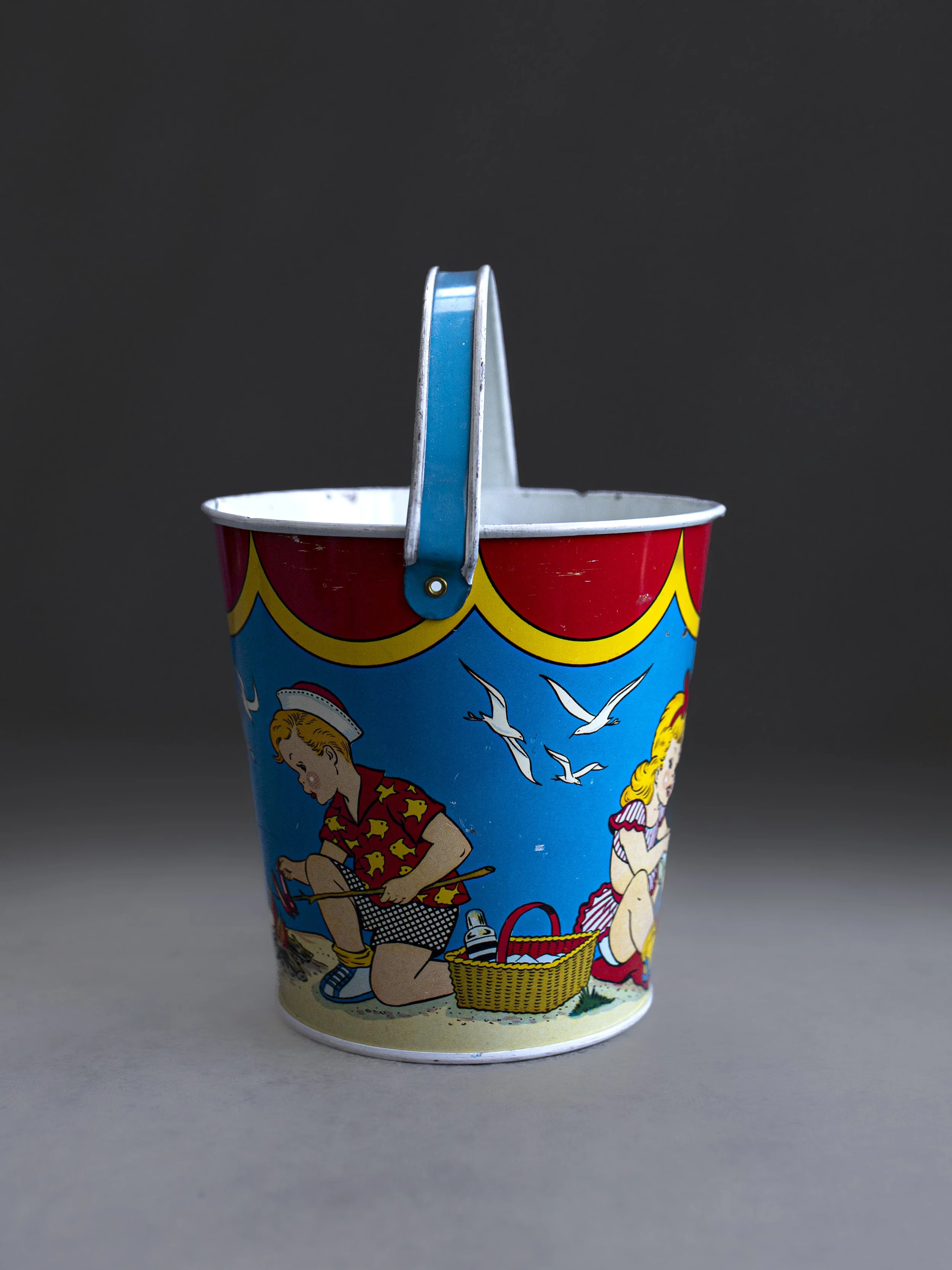 Tin Litho Sand Pail "Beach Party/ Weiner Roast" by OHIO ART 2