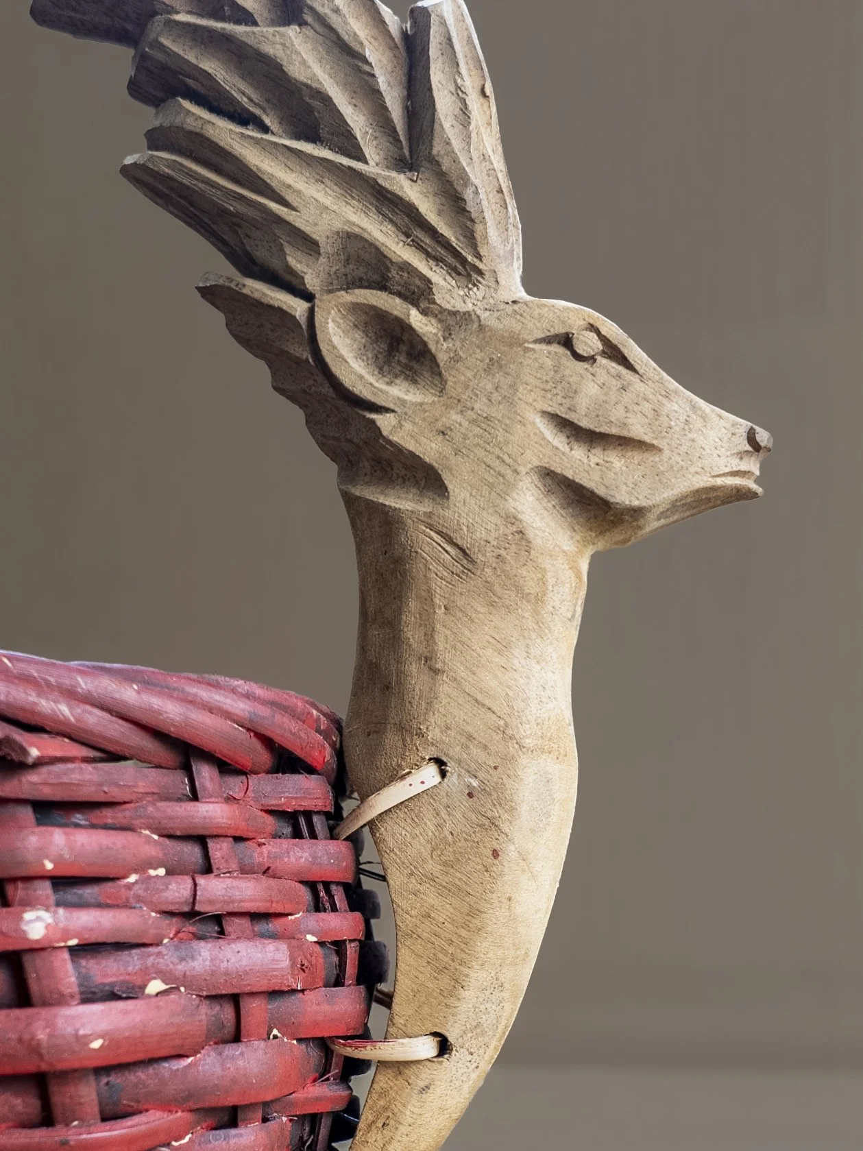 1930's Americana Folk Art Hand Carved Reindeer Basket