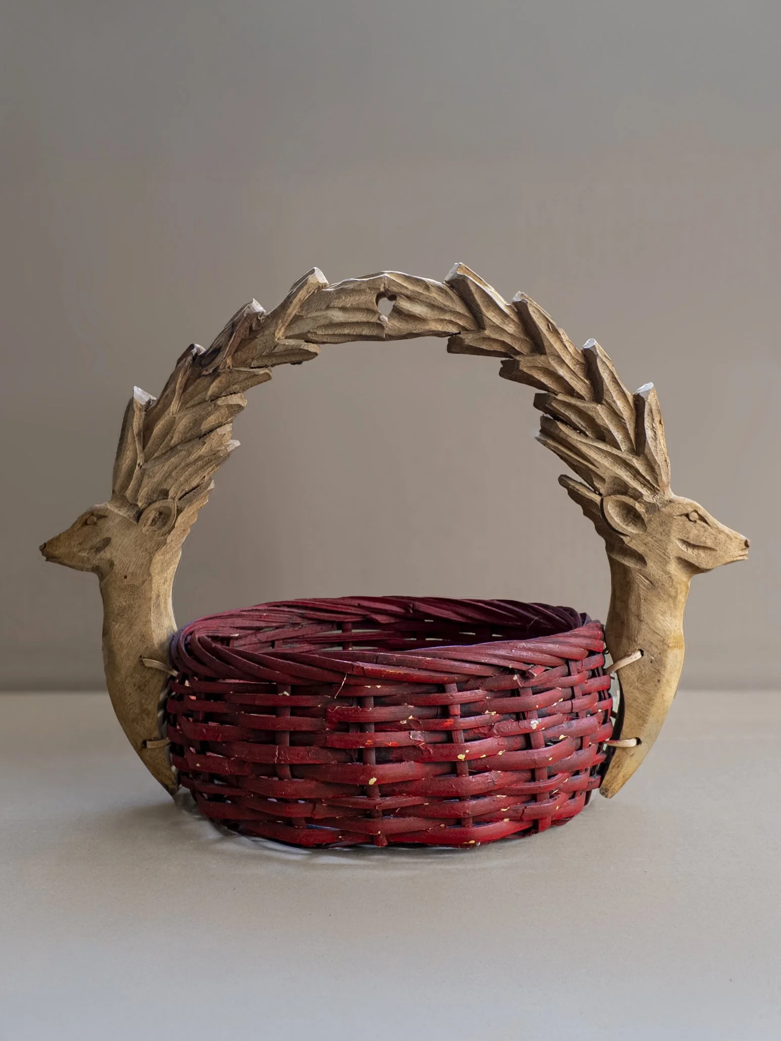 1930's Americana Folk Art Hand Carved Reindeer Basket