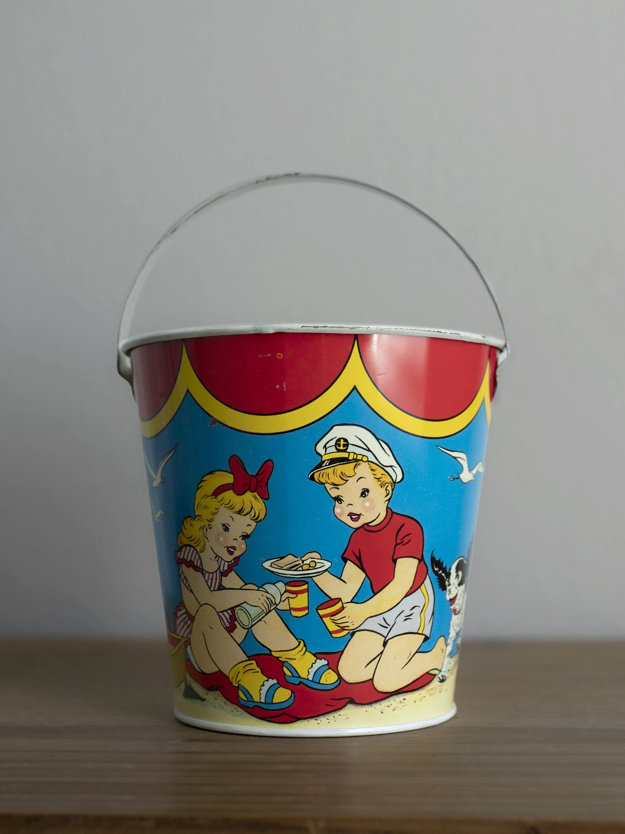 Tin Litho Sand Pail "Beach Party/ Weiner Roast" by OHIO ART