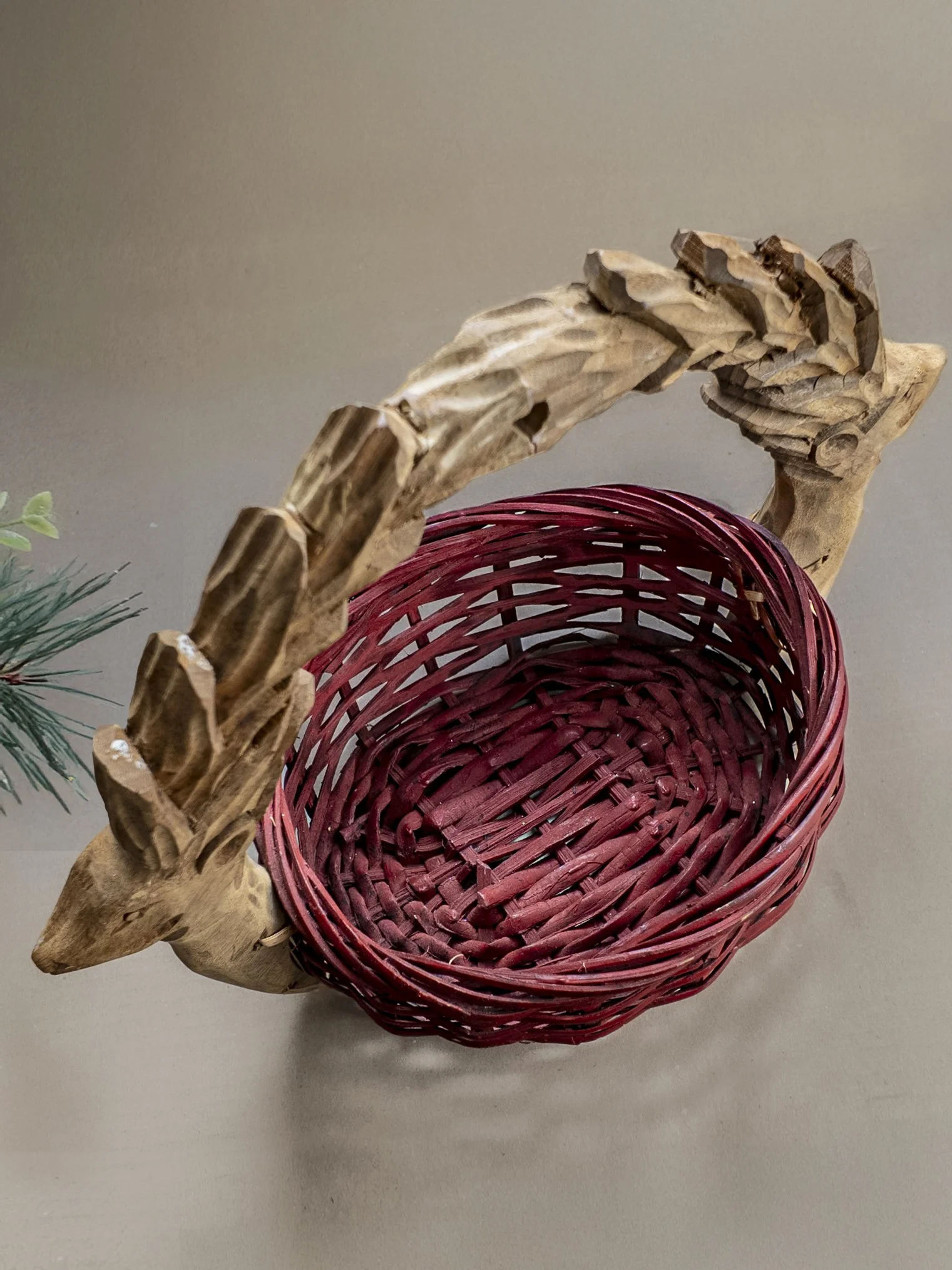 1930's Americana Folk Art Hand Carved Reindeer Basket Adult's Holiday